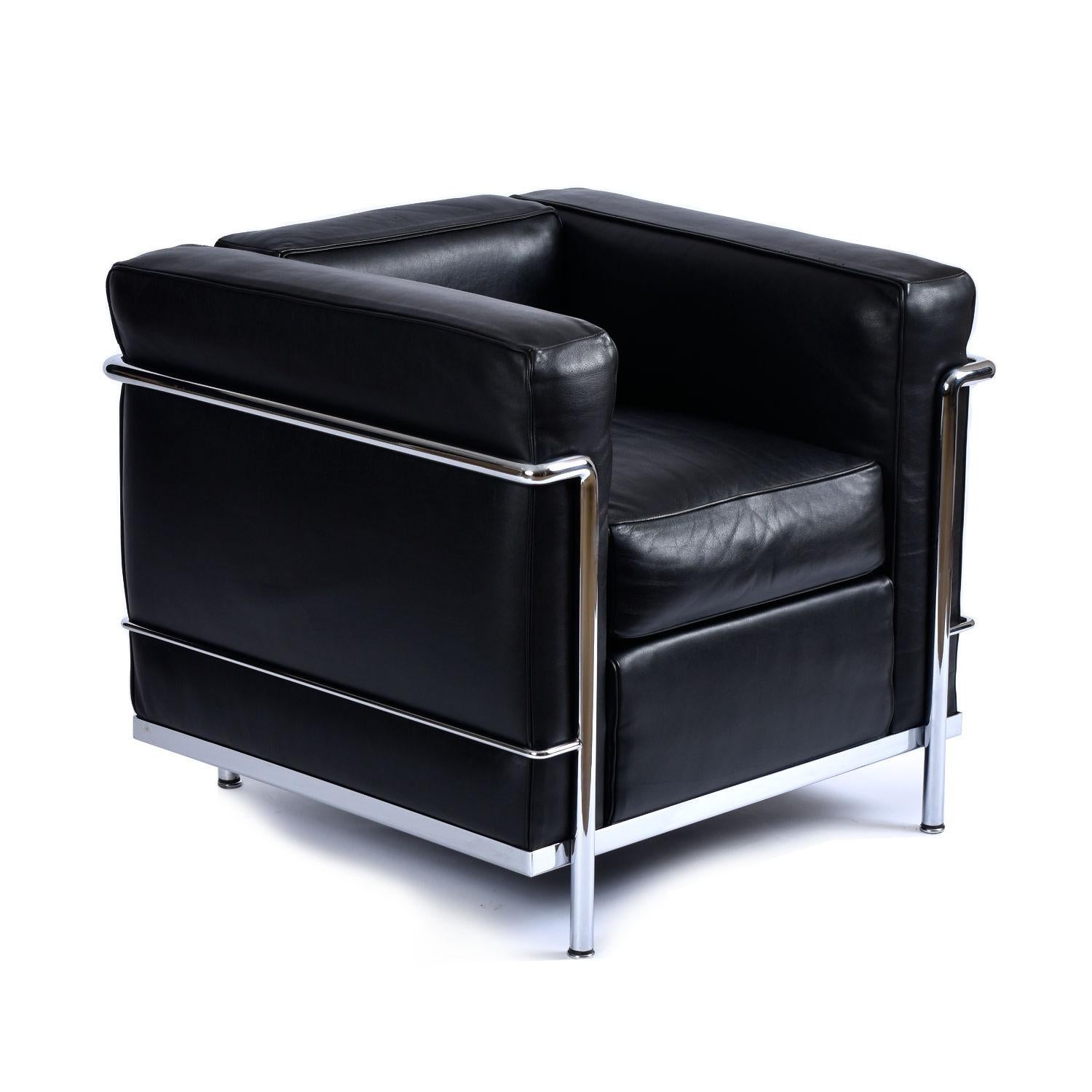 American Black Leather Le Corbusier LC2 Chair by Cassina for Atelier International