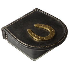 Black Leather Lidded Glass Box with Bronze Horseshoe Accent by Jacques Adnet Black Leather Lidded Glass Box with Bronze Horseshoe Accent by Jacques Adnet