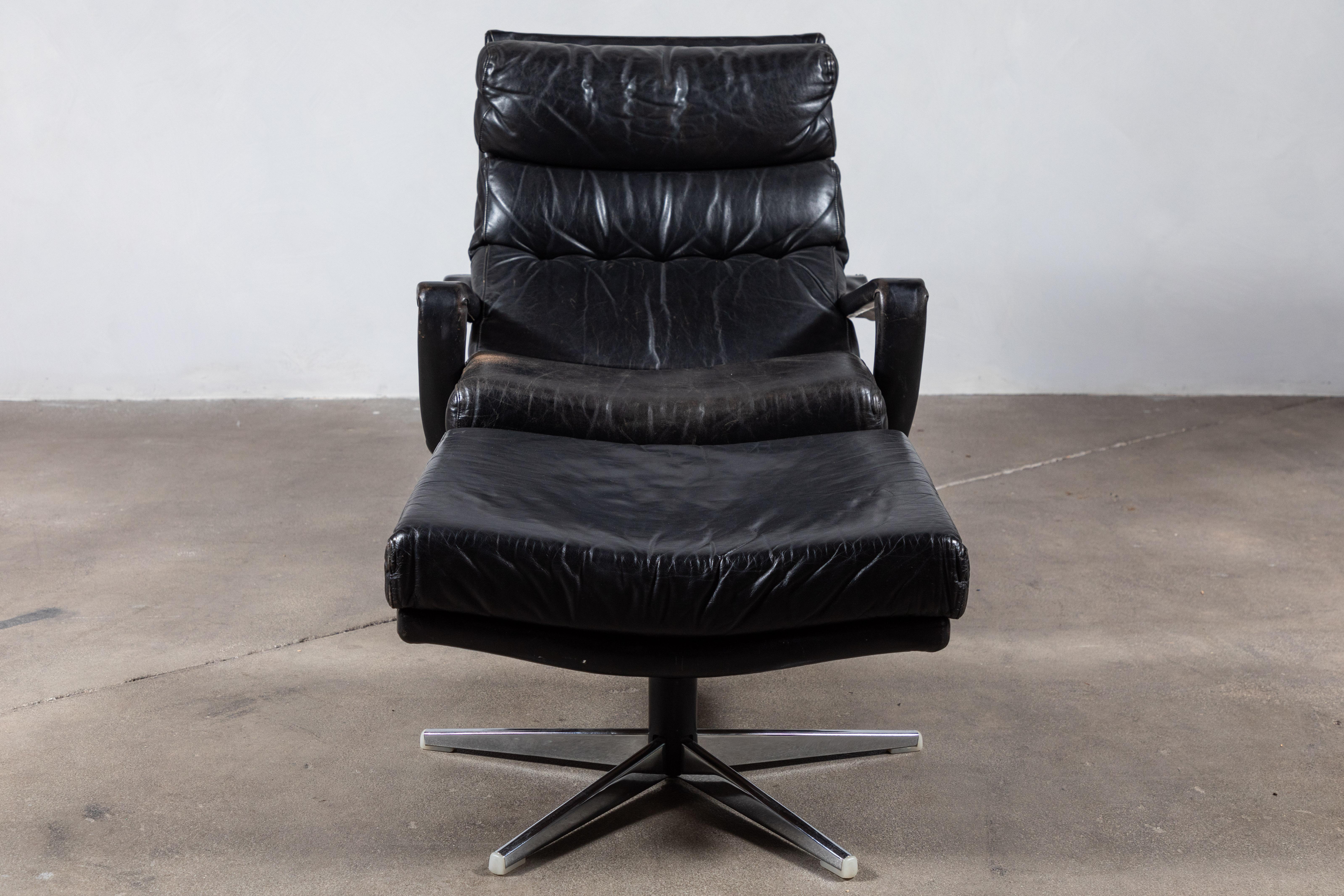 French Black Leather Lounge Chair and Ottoman