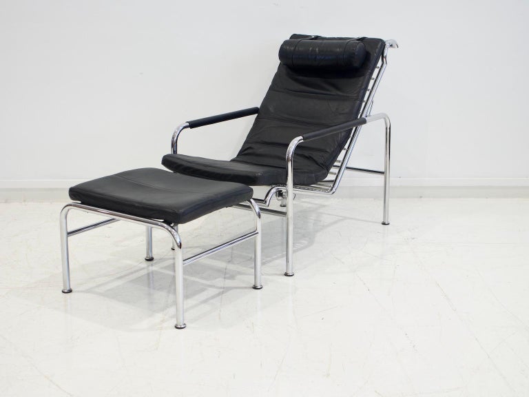 Black Leather Lounge Chair with Ottoman by Gabriele Mucchi for Zanotta