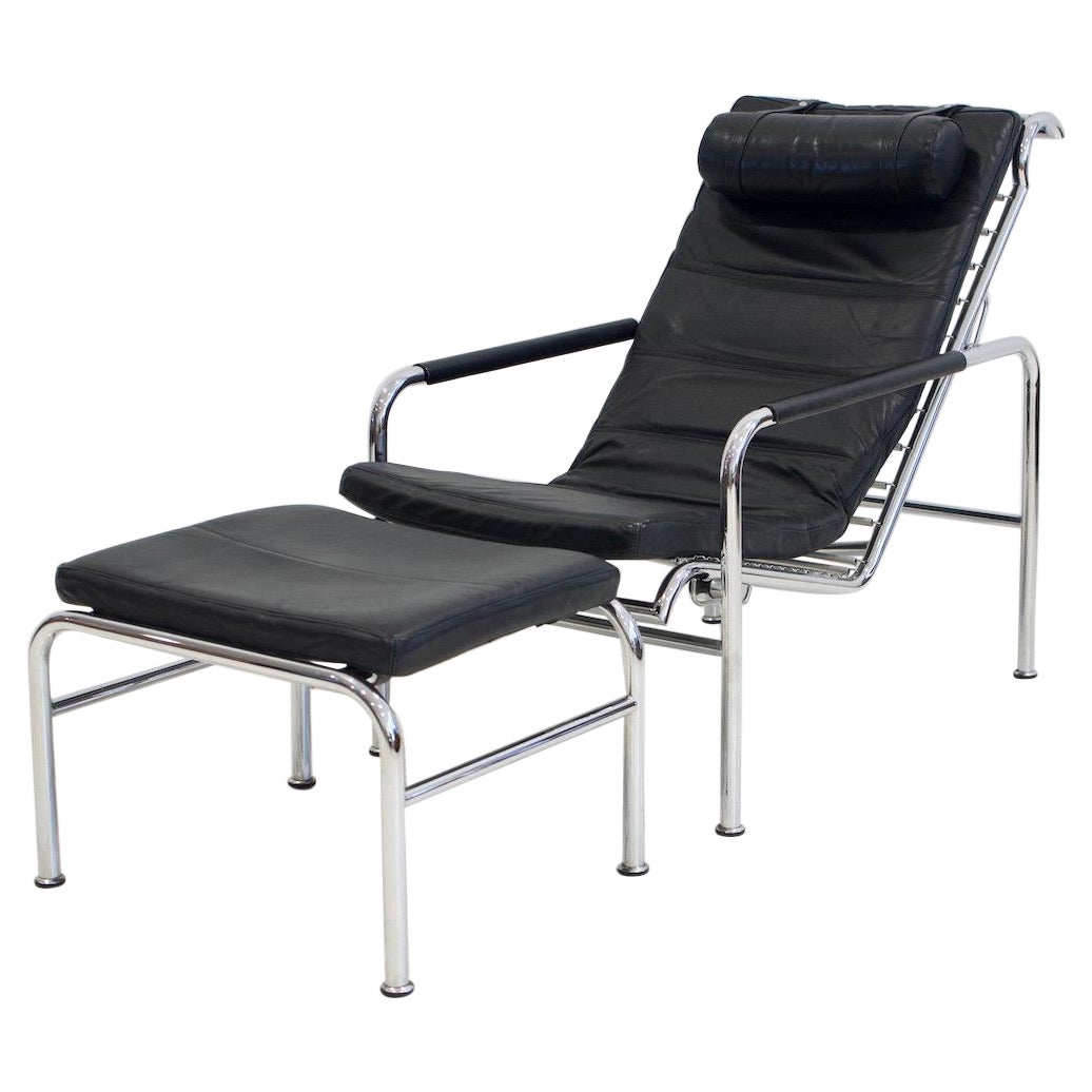 Chaise longue en cuir noir avec pouf par Gabriele Mucchi pour Zanotta