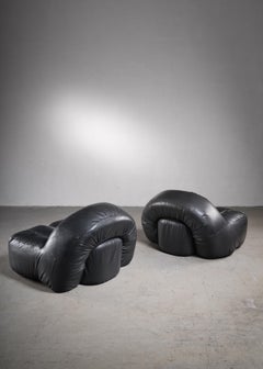 Black Leather Lounge Chairs, France
