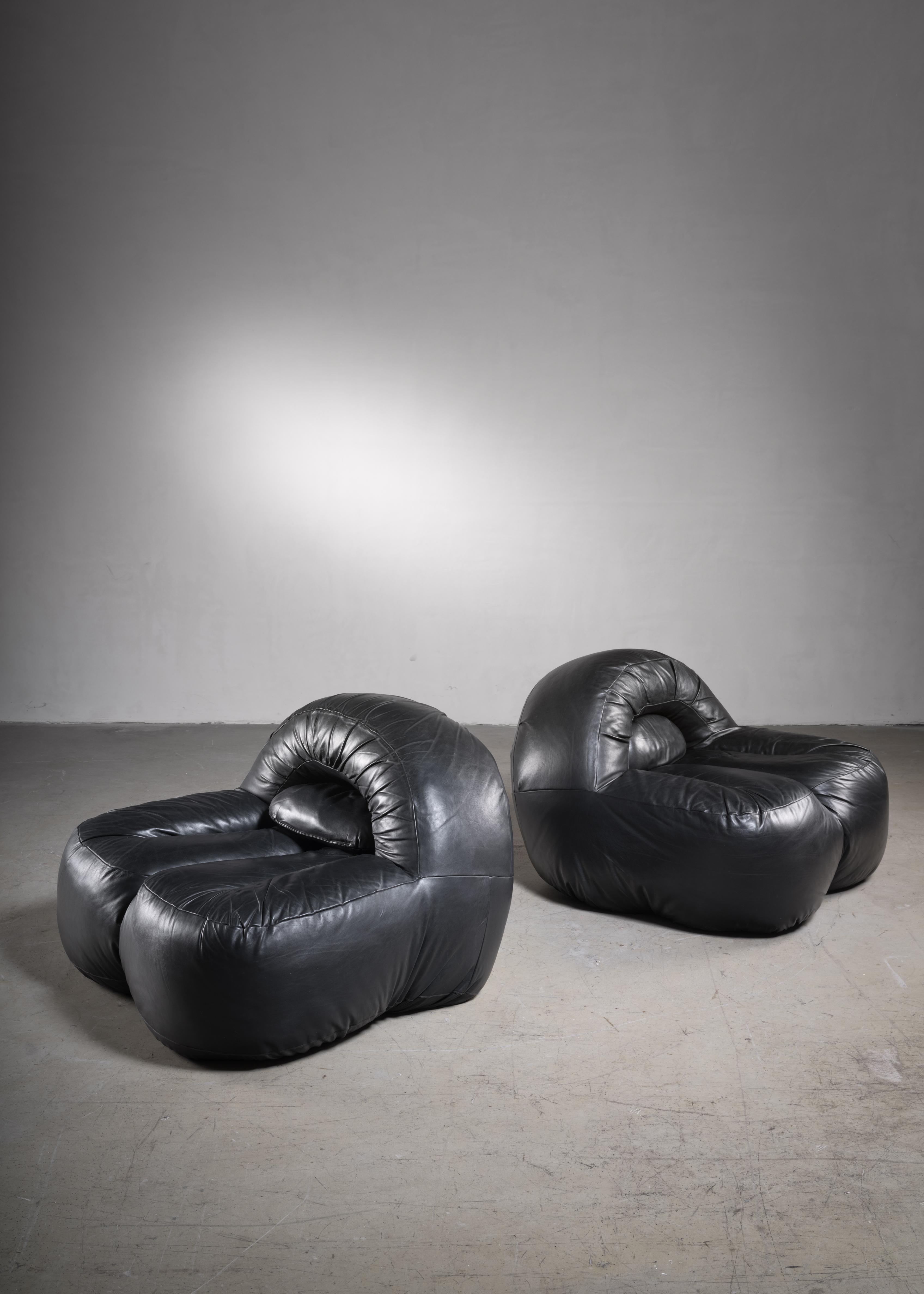 French Black Leather Lounge Chairs, France For Sale