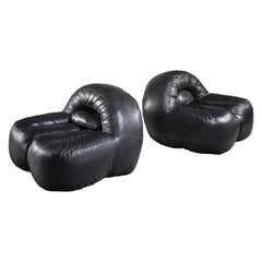 Black Leather Lounge Chairs, France