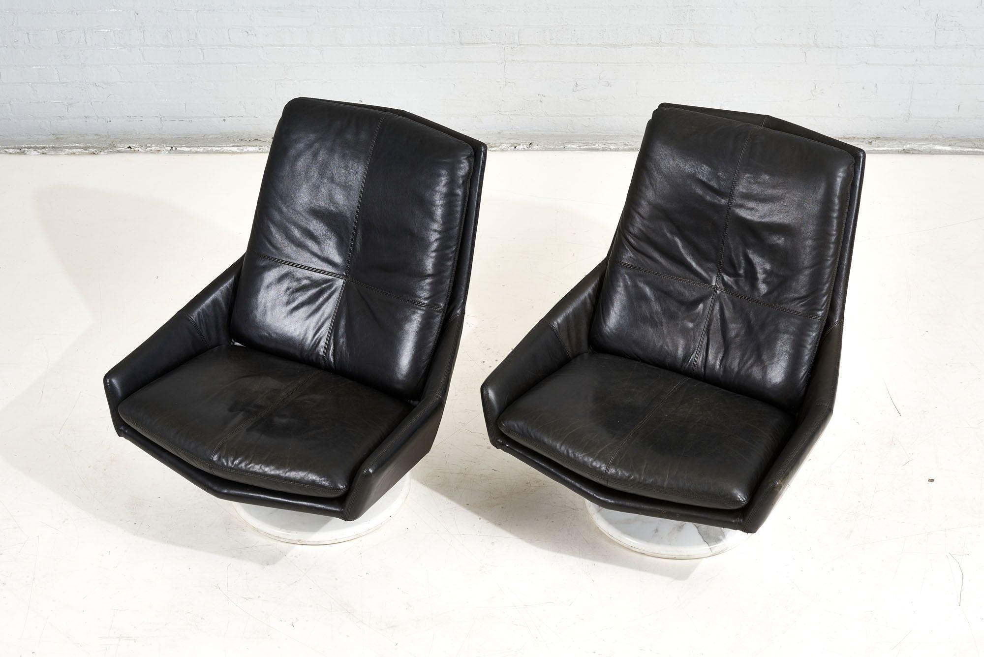 American Black Leather Lounge Chairs with Calacutta Marble Bases, 1970 For Sale