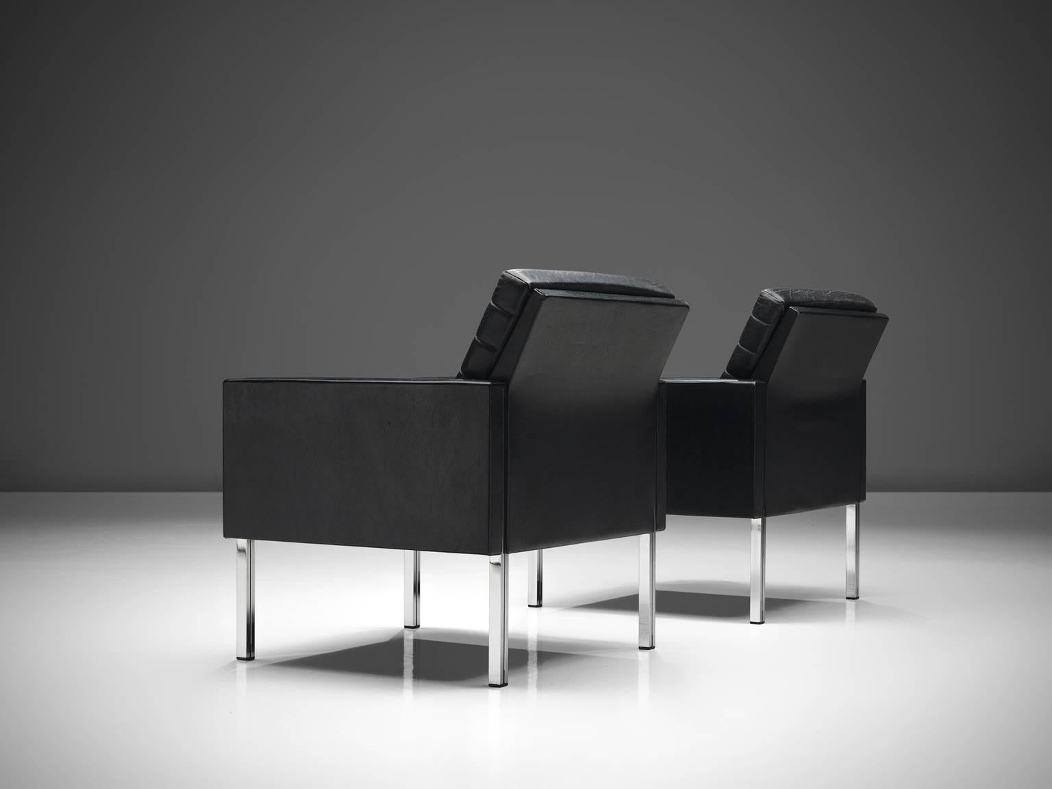 Mid-Century Modern Black Leather Lounge Chairs with Chrome Frame