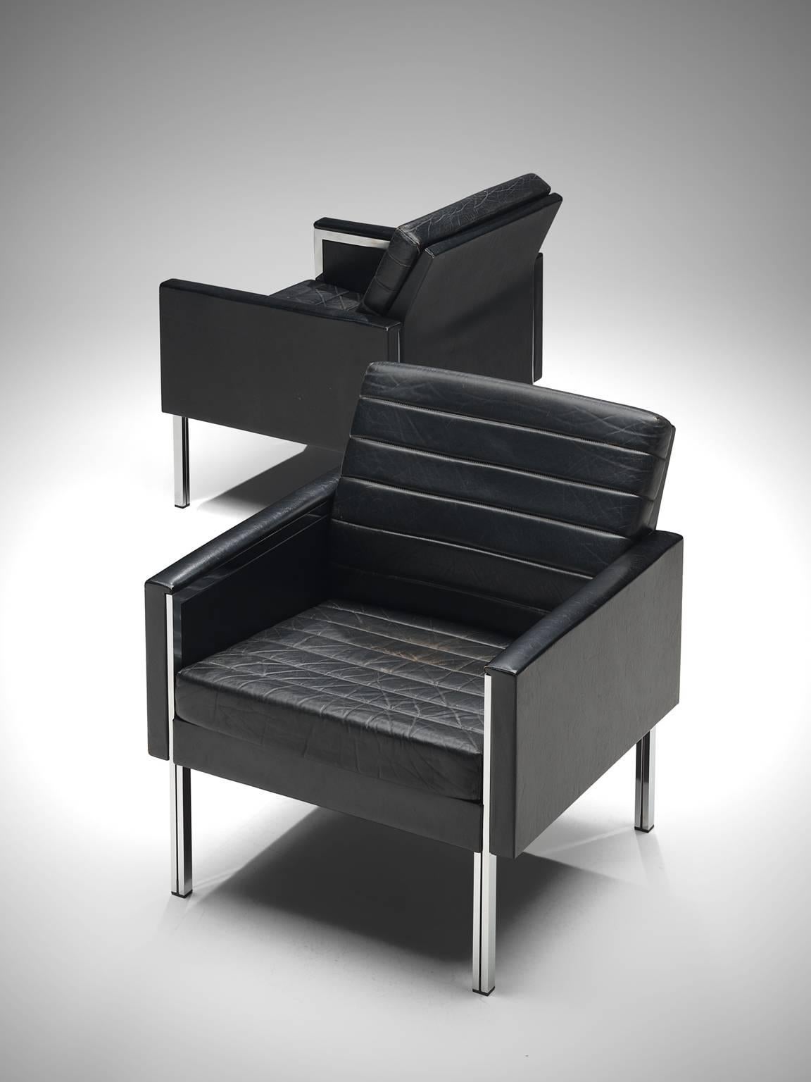 European Black Leather Lounge Chairs with Chrome Frame