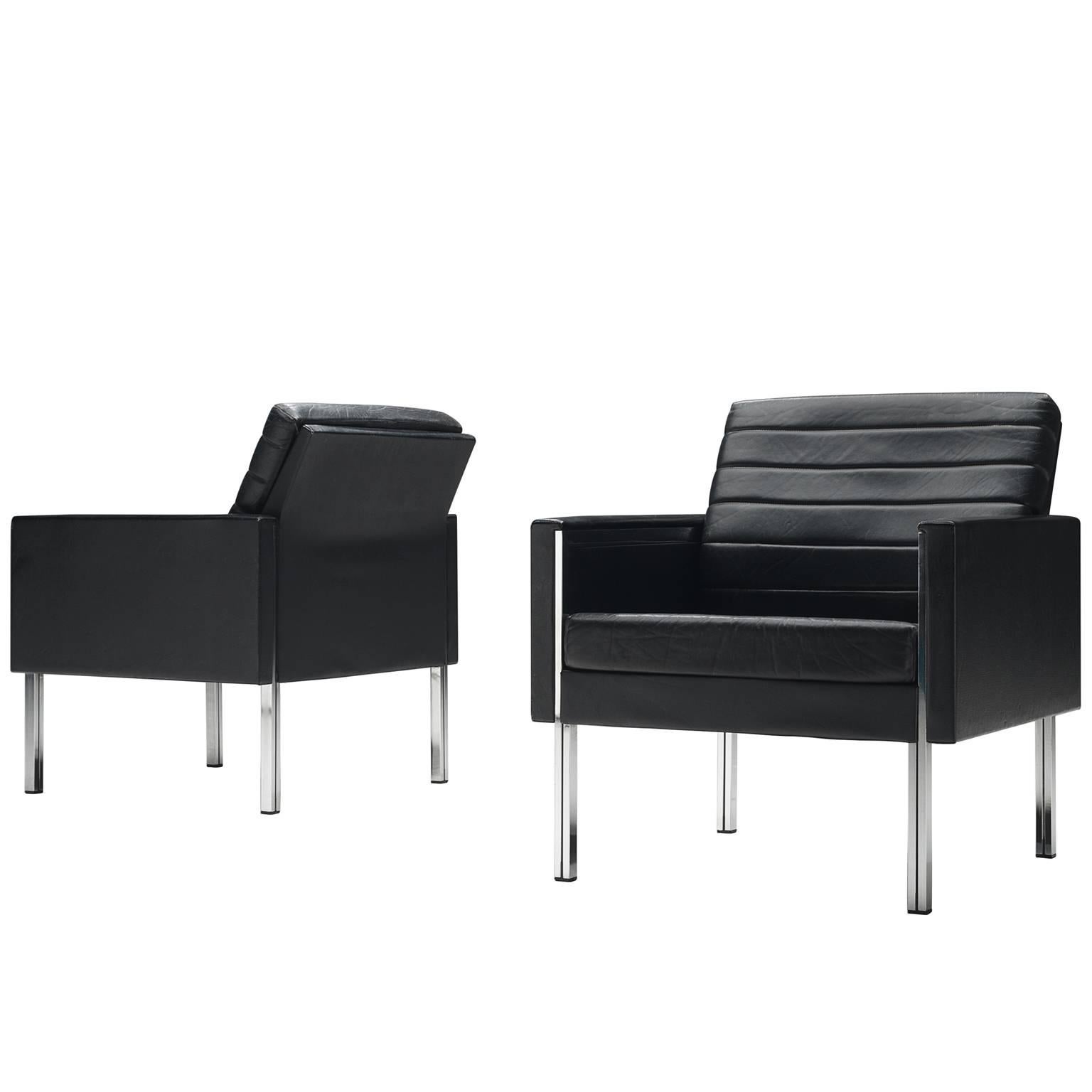 Black Leather Lounge Chairs with Chrome Frame