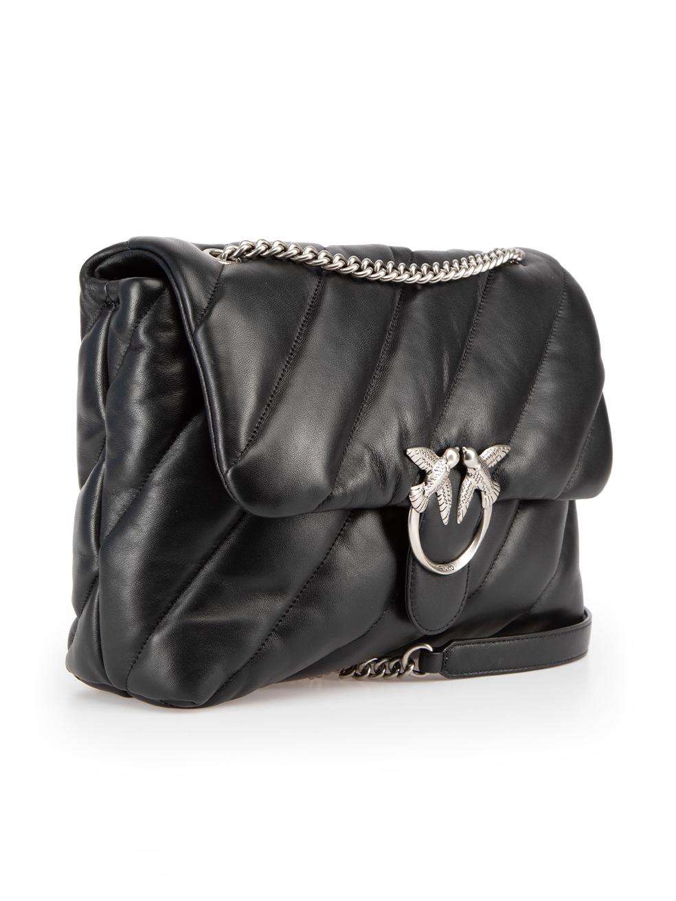 CONDITION is New with tags on this brand new Pinko designer item. This item comes with original packaging.
 
 
 
 Details
 
 
 Love Big Puff
 
 Black
 
 Leather
 
 Medium crossbody bag
 
 Quilted
 
 Silver tone hardware
 
 Lovebirds logo detail
 
