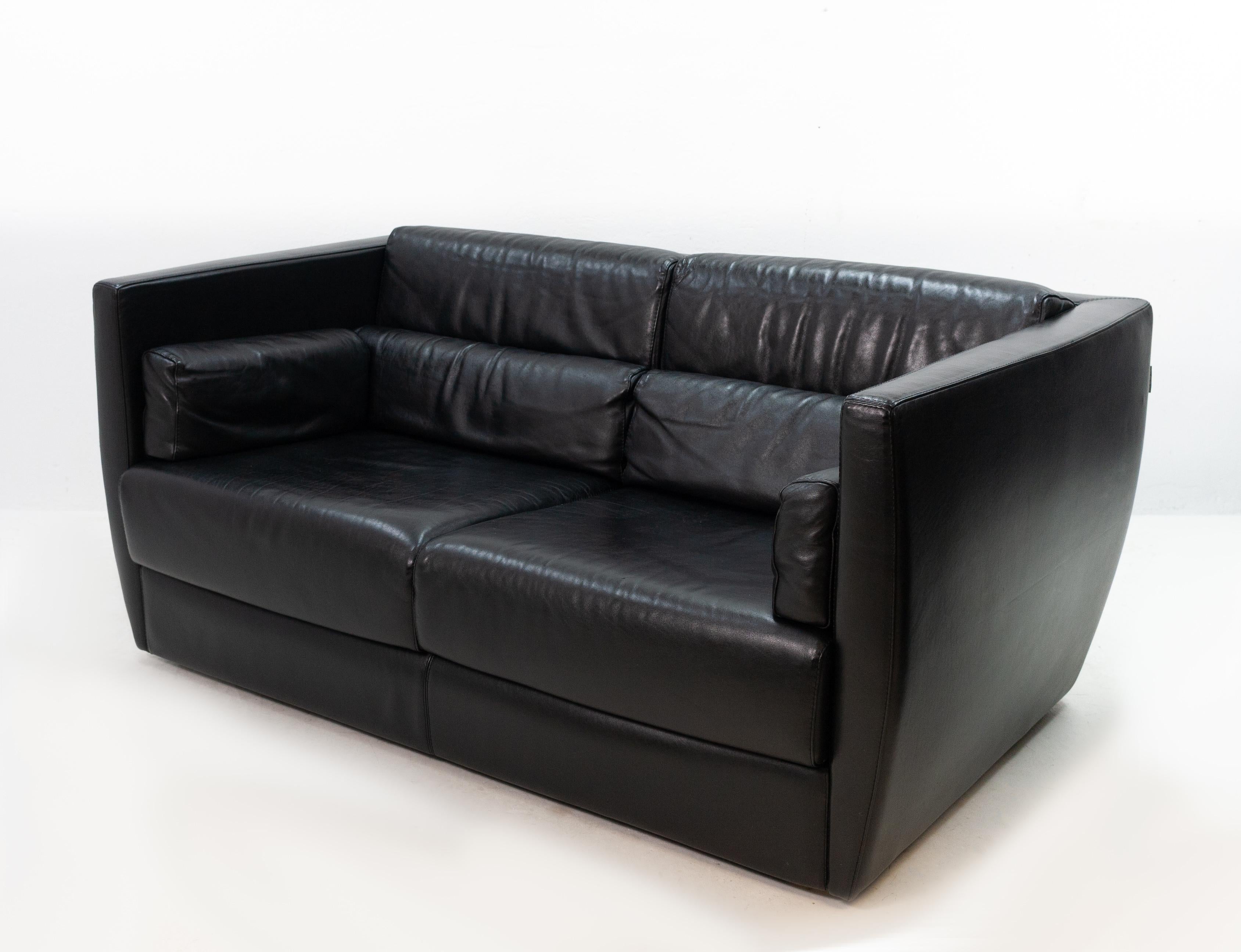 French Black Leather Love Seat Roche Bobois