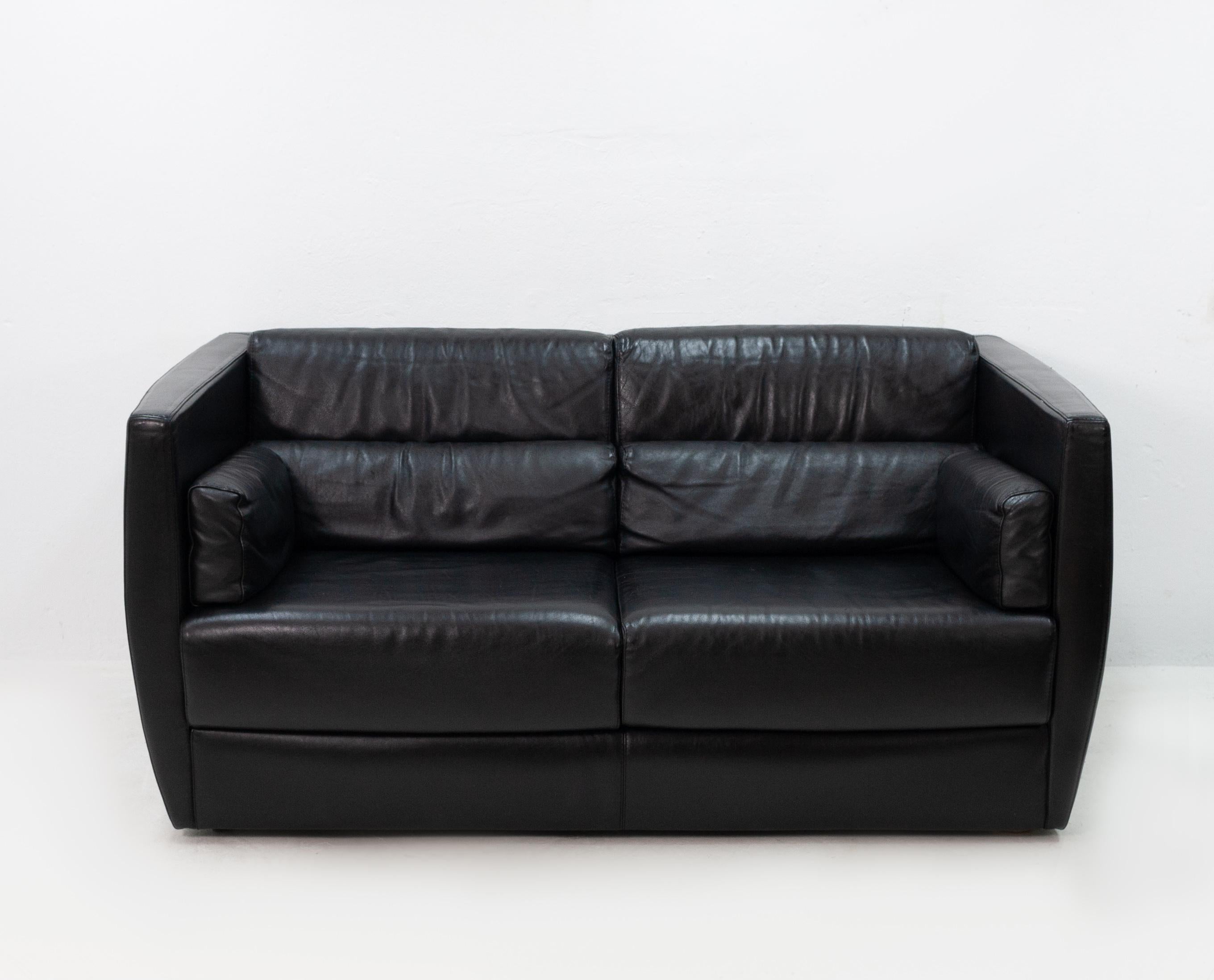 Contemporary Black Leather Love Seat Roche Bobois