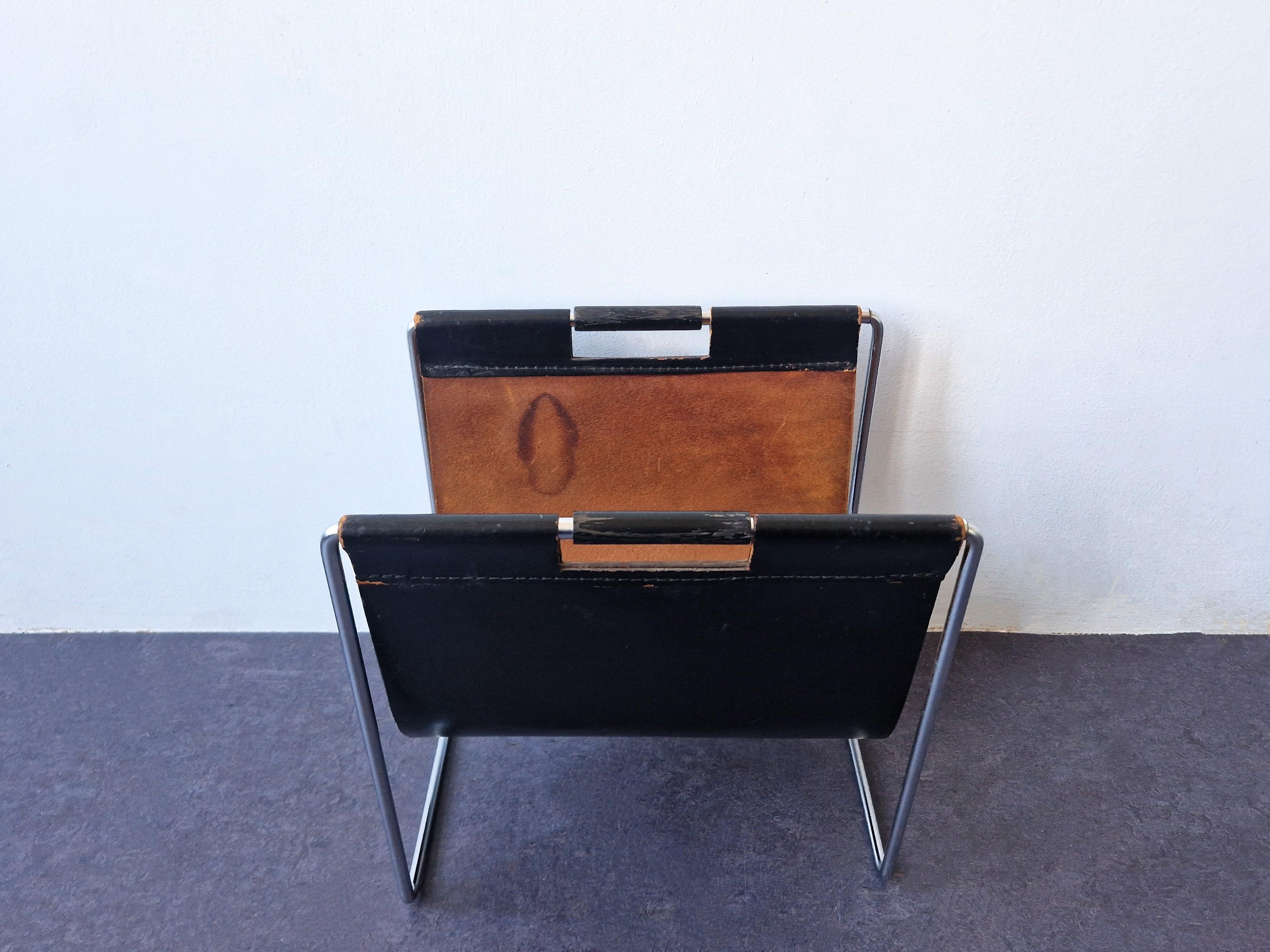 Dutch Black leather magazine holder by Brabantia, The Netherlands 1960's For Sale