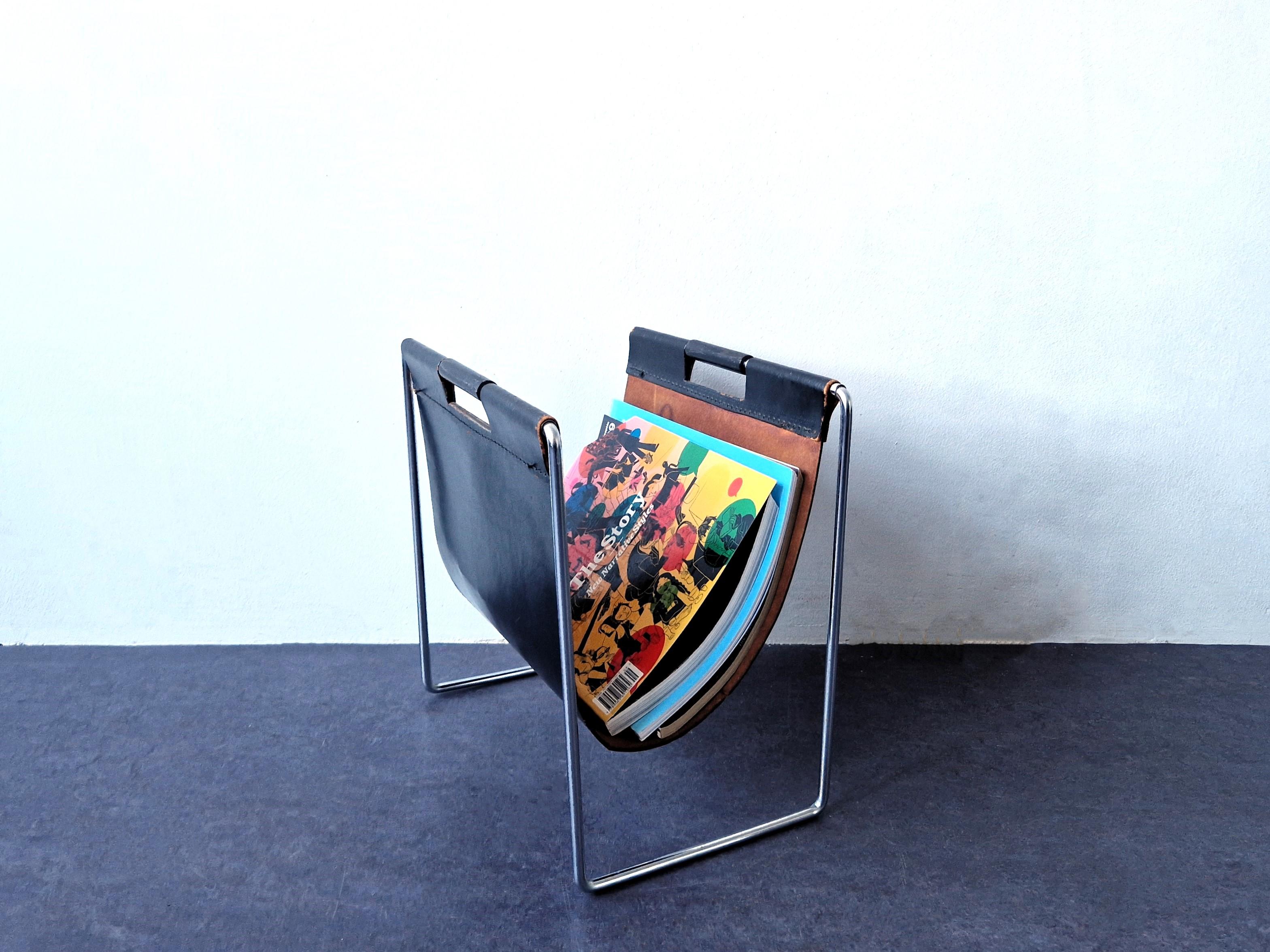 Metal Black leather magazine holder by Brabantia, The Netherlands 1960's For Sale