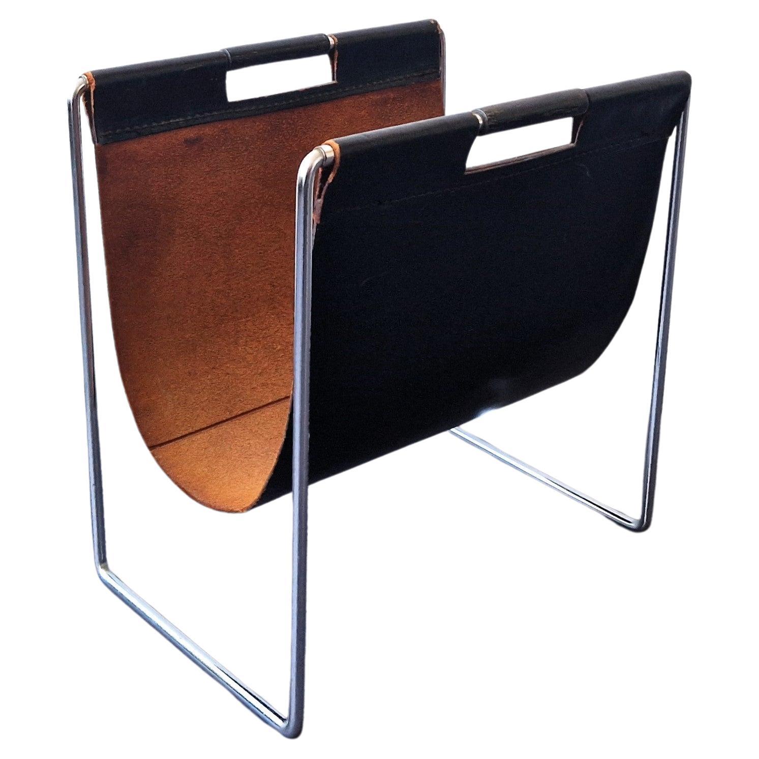 Black leather magazine holder by Brabantia, The Netherlands 1960's For Sale