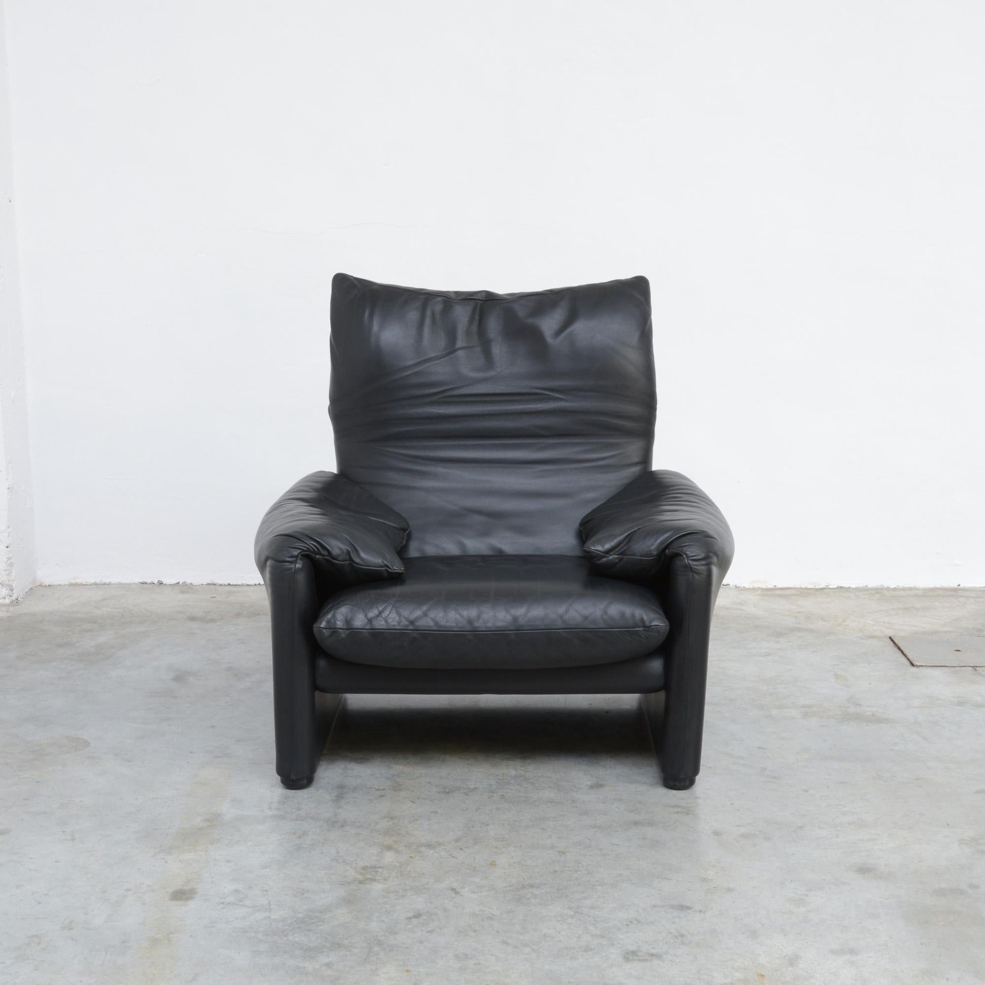 Italian Black Leather Maralunga Easy Chair
