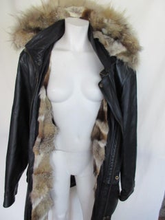 Black Leather Men Coat with Hood Fox Fur Lining
