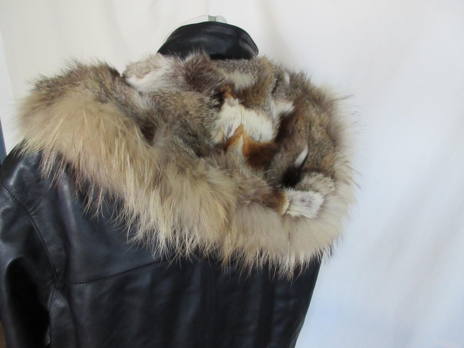 Women's or Men's Black Leather Men Coat with Hood Fox Fur Lining For Sale