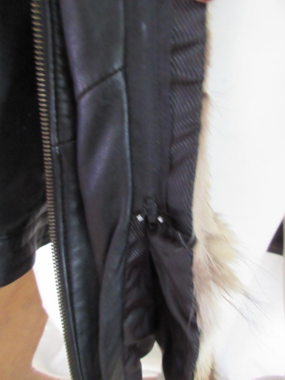 Black Leather Men Coat with Hood Fox Fur Lining For Sale 2
