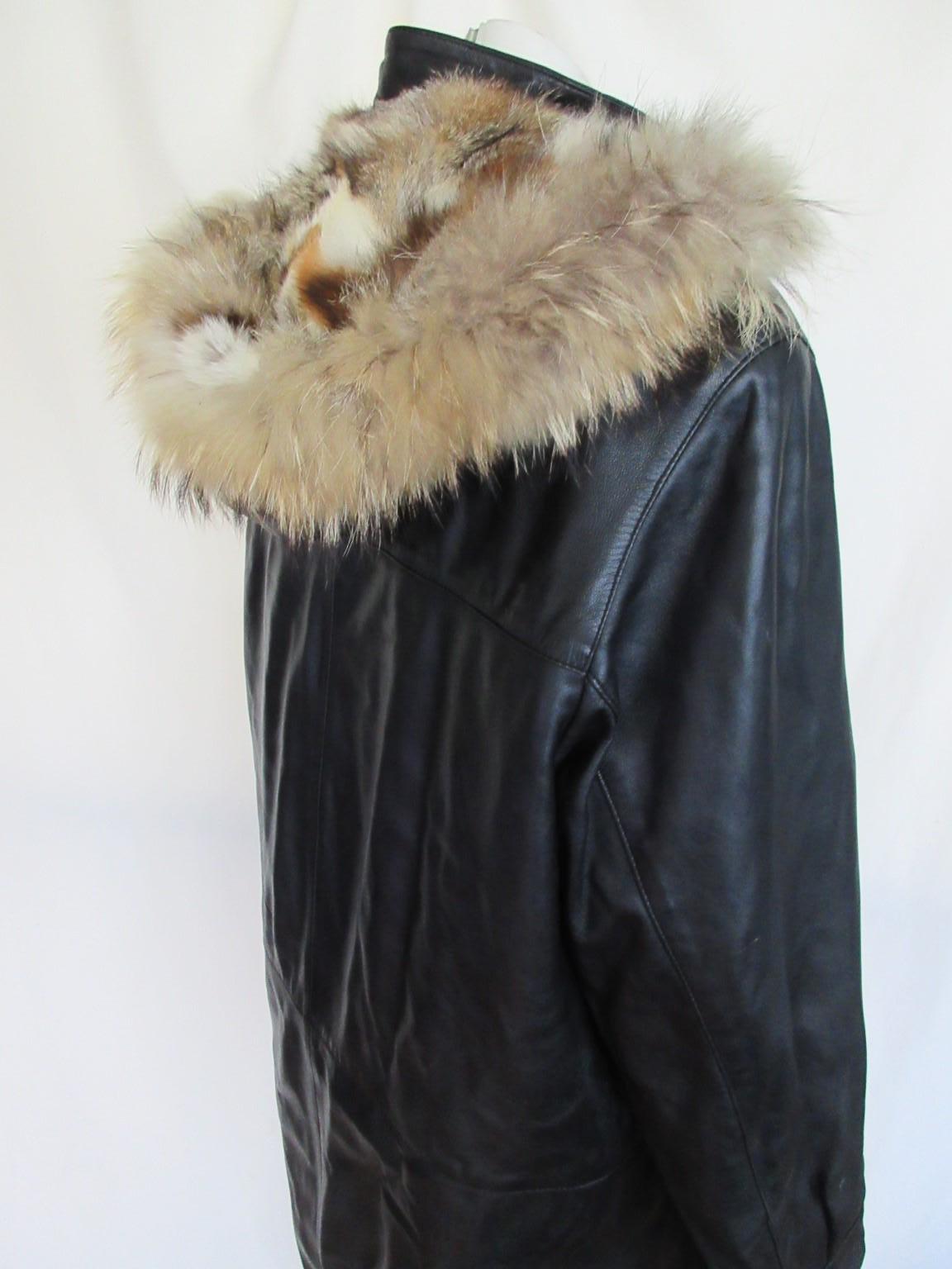 Black Leather Men Coat with Hood Fox Fur Lining For Sale 3