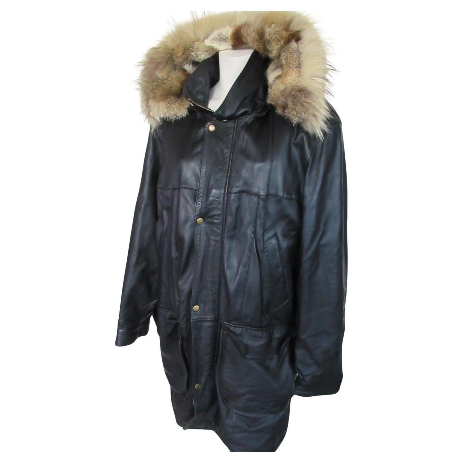 Black Leather Men Coat with Hood Fox Fur Lining For Sale