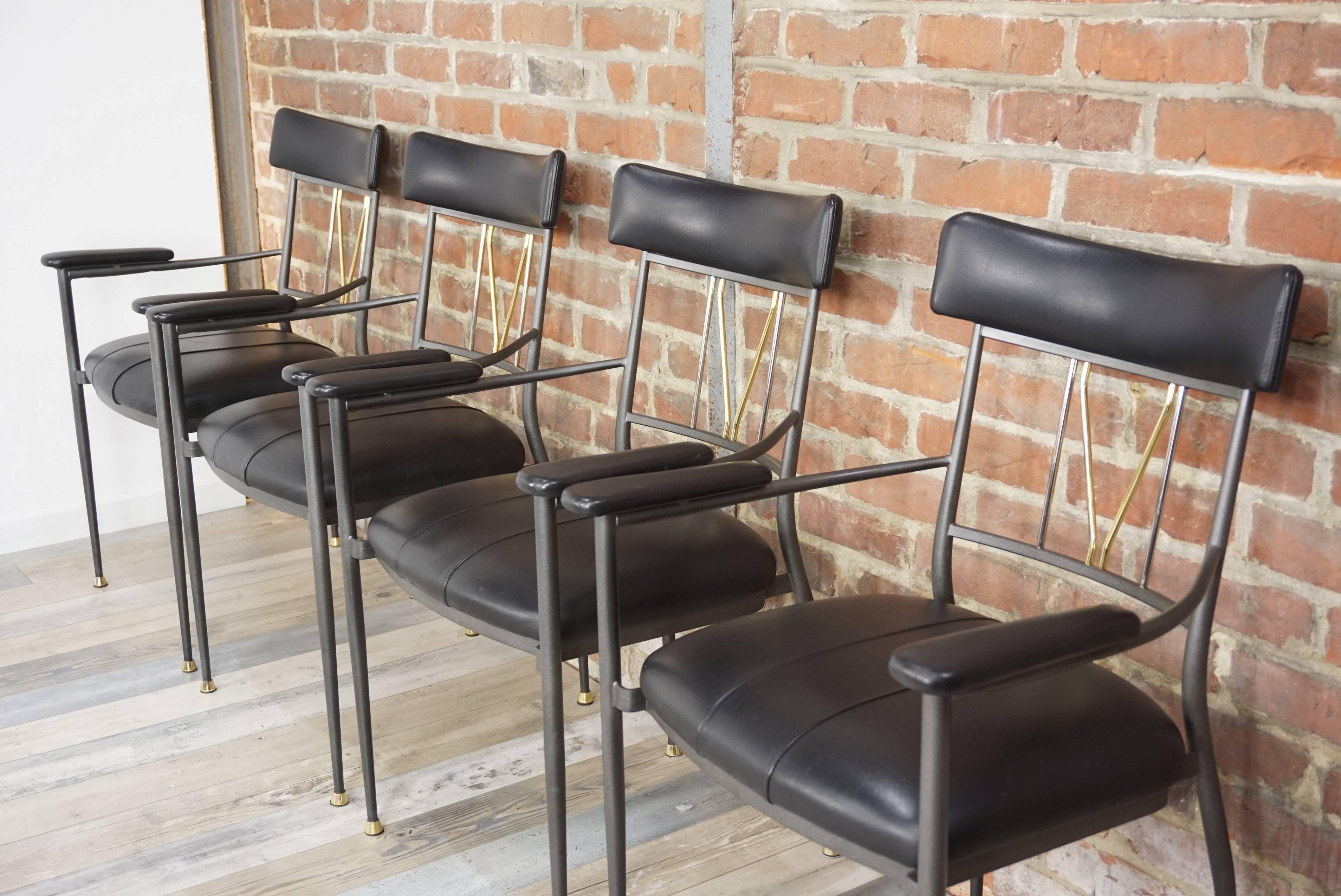 Black Leather, Metal, Chrome and Brass Set of Four Armchairs by Belgo Chrome 6