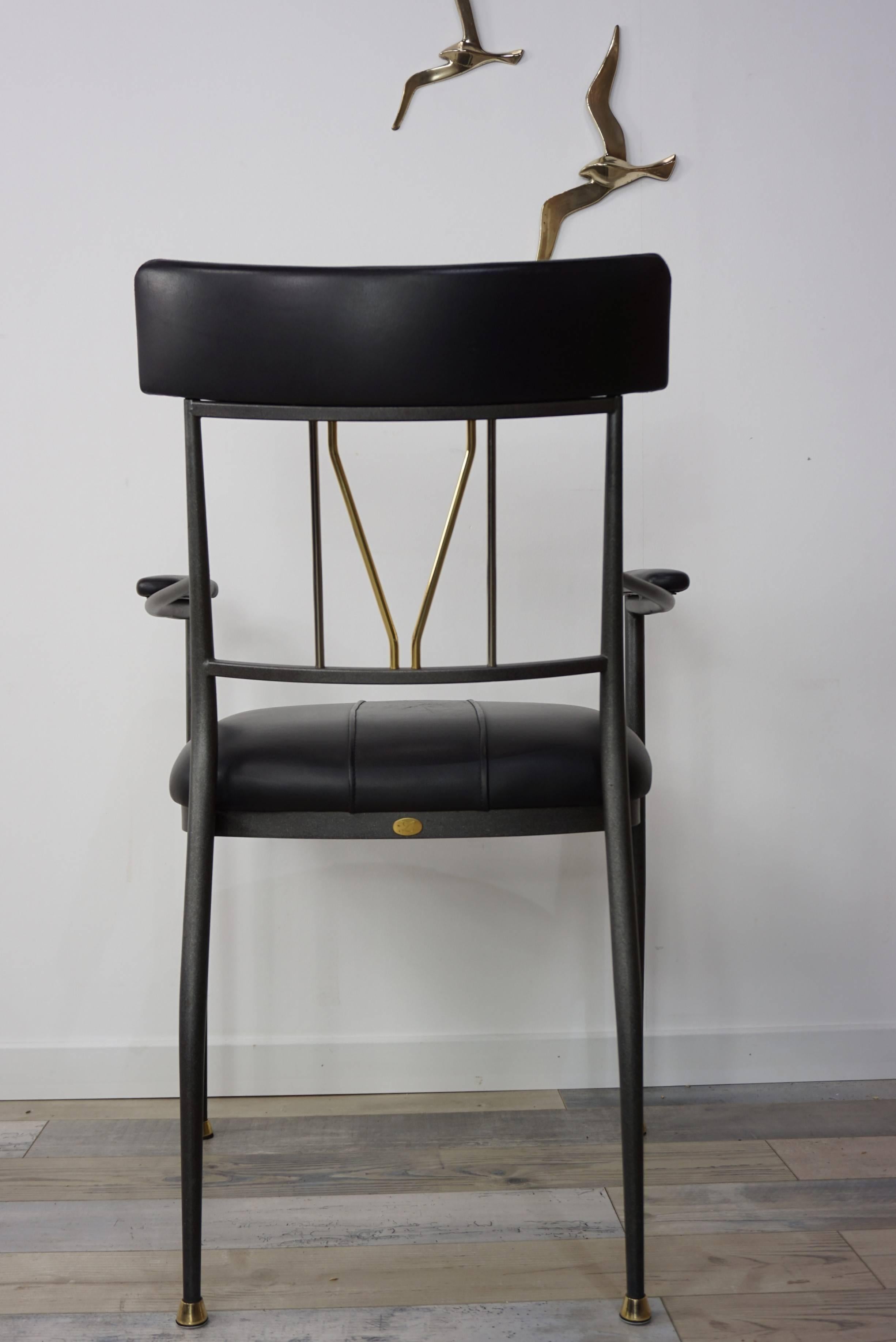 20th Century Black Leather, Metal, Chrome and Brass Set of Four Armchairs by Belgo Chrome