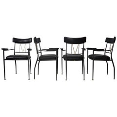 Black Leather, Metal, Chrome and Brass Set of Four Armchairs by Belgo Chrome