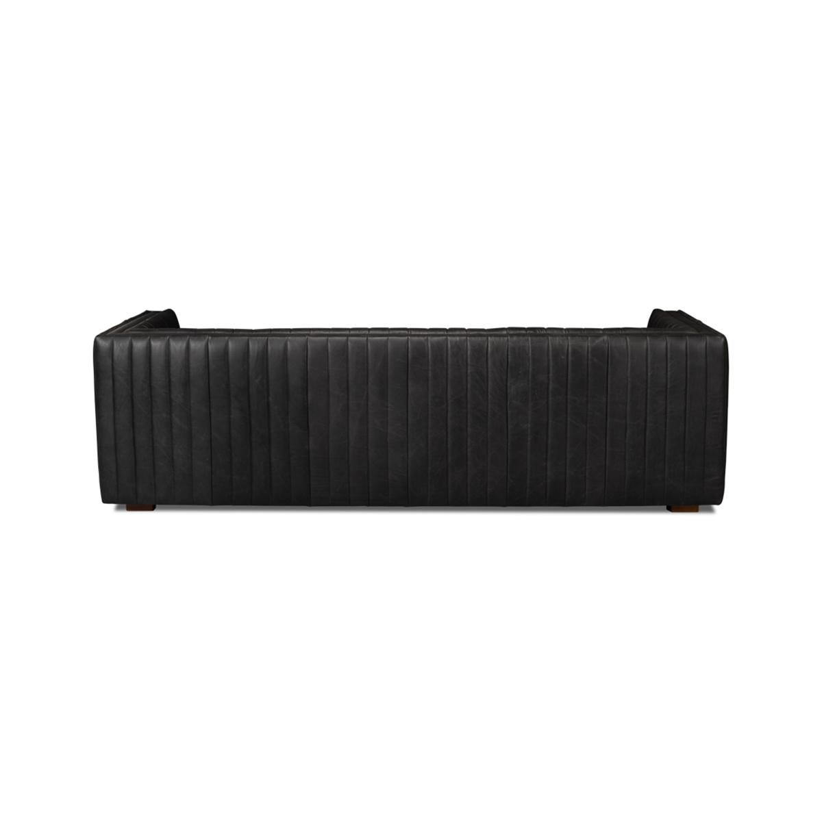 Contemporary Black Leather Mid Century Sofa For Sale