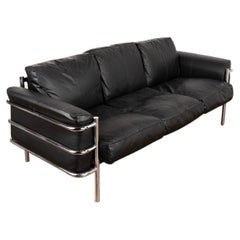 Black Leather Mid Century Three Seat Sofa with Chrome Frame from Denmark