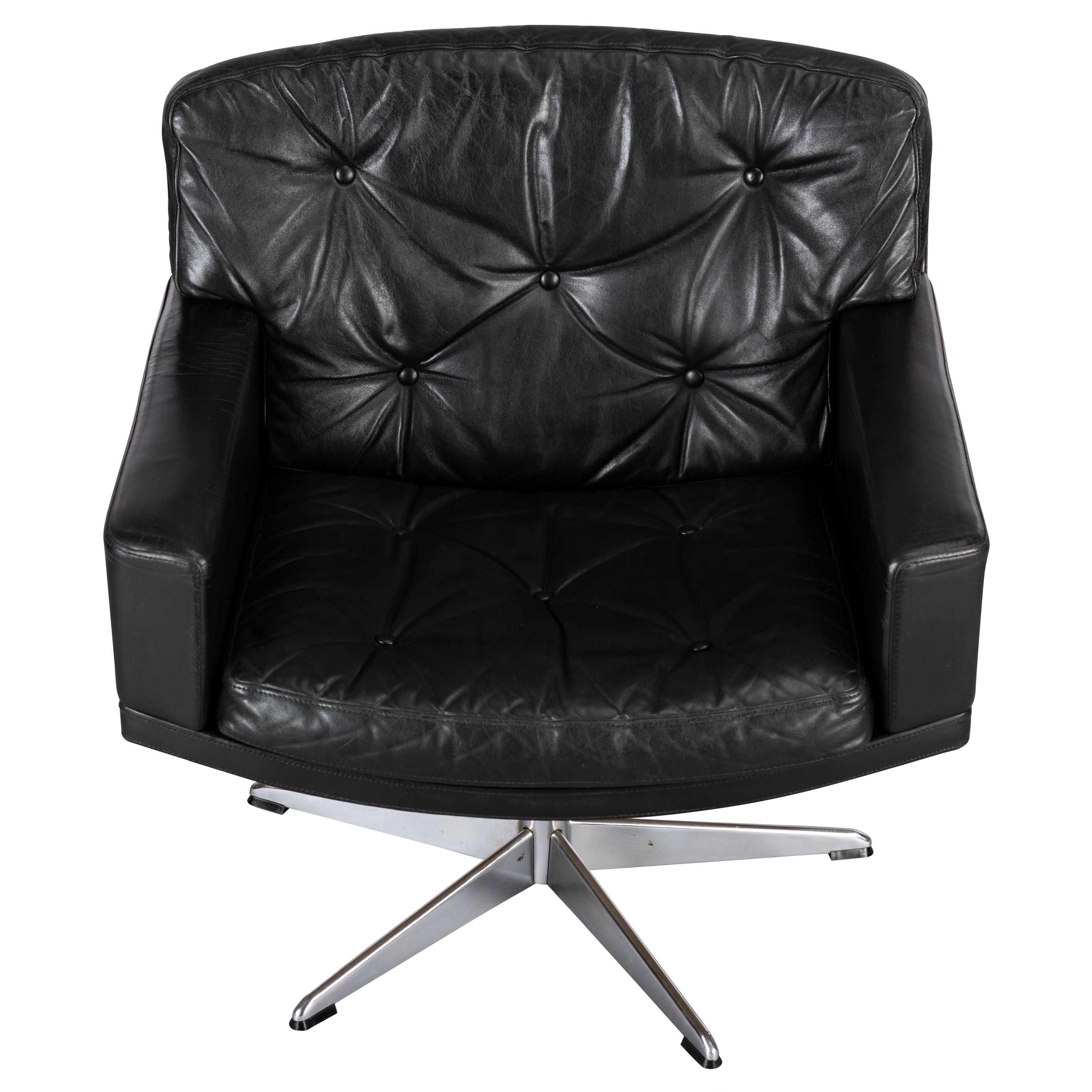 Black Leather Mid-Century Modern Swivel Chair by Lystager, 1960s