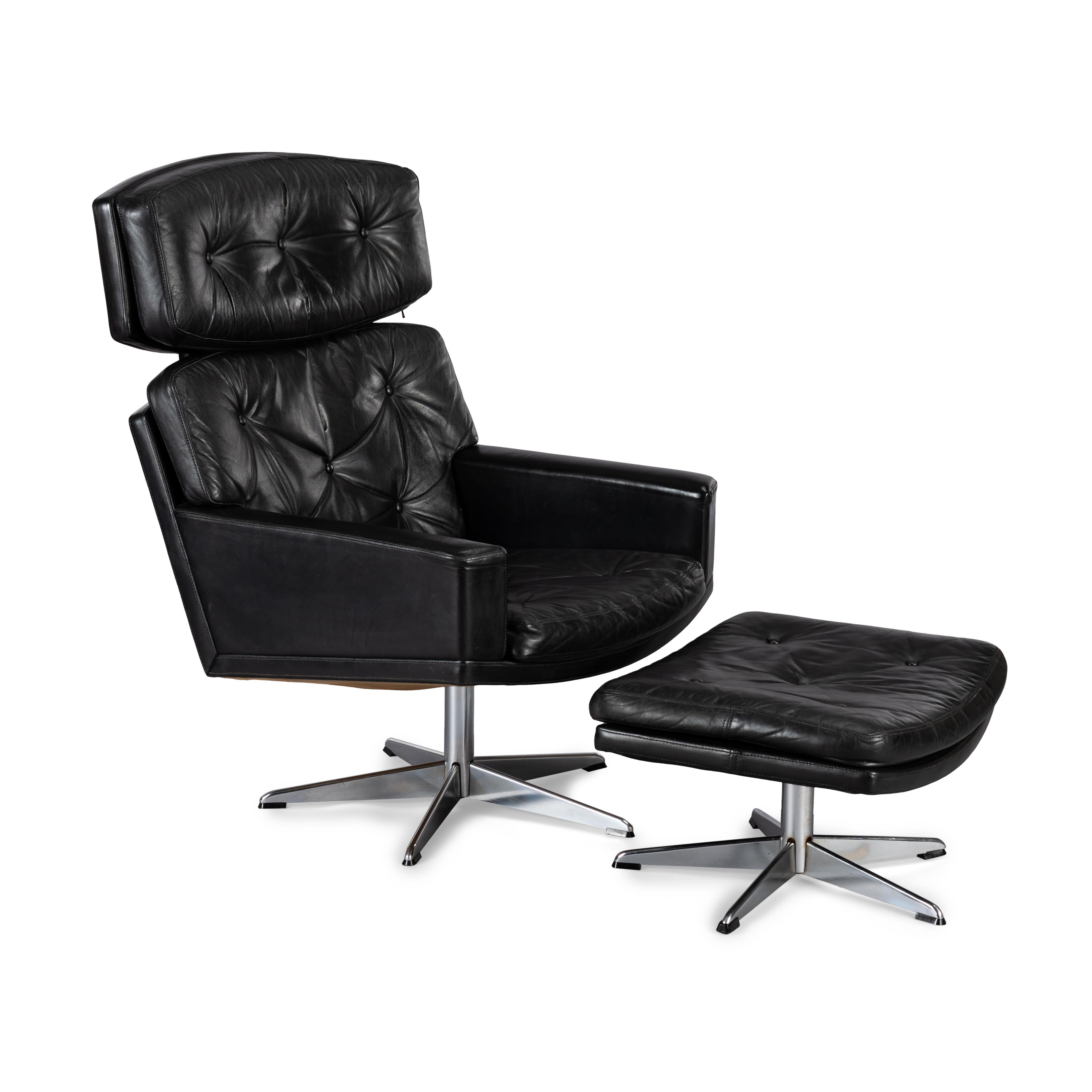Mid-Century Modern black leather and chromed metal Danish 'Pappa' swivel chair and ottoman that will make Rob Halford drool. A 'Mama' swivel chair and a four person 'room for everyone' sofa are also separately available. All is still in fully