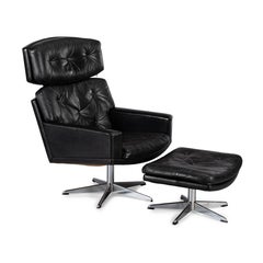 Black Leather Mid-Century Modern Swivel Chair with Ottoman by Lystager, 1960s