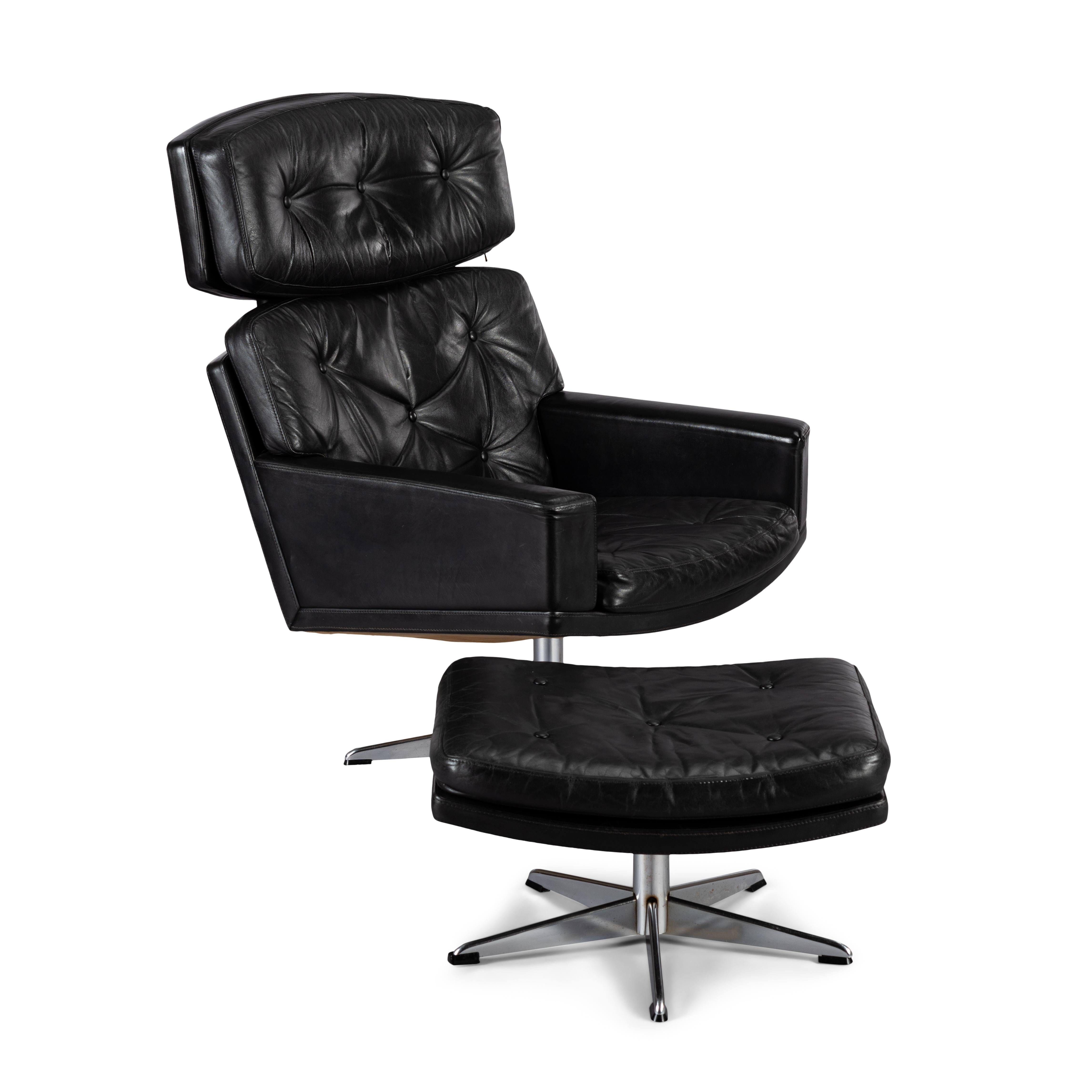 Danish Black Leather Mid-Century Modern Swivel Chair with Ottoman by Lystager, 1960s