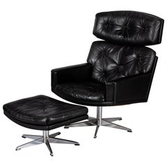 Black Leather Mid-Century Modern Swivel Chair with Ottoman by Lystager, 1960s