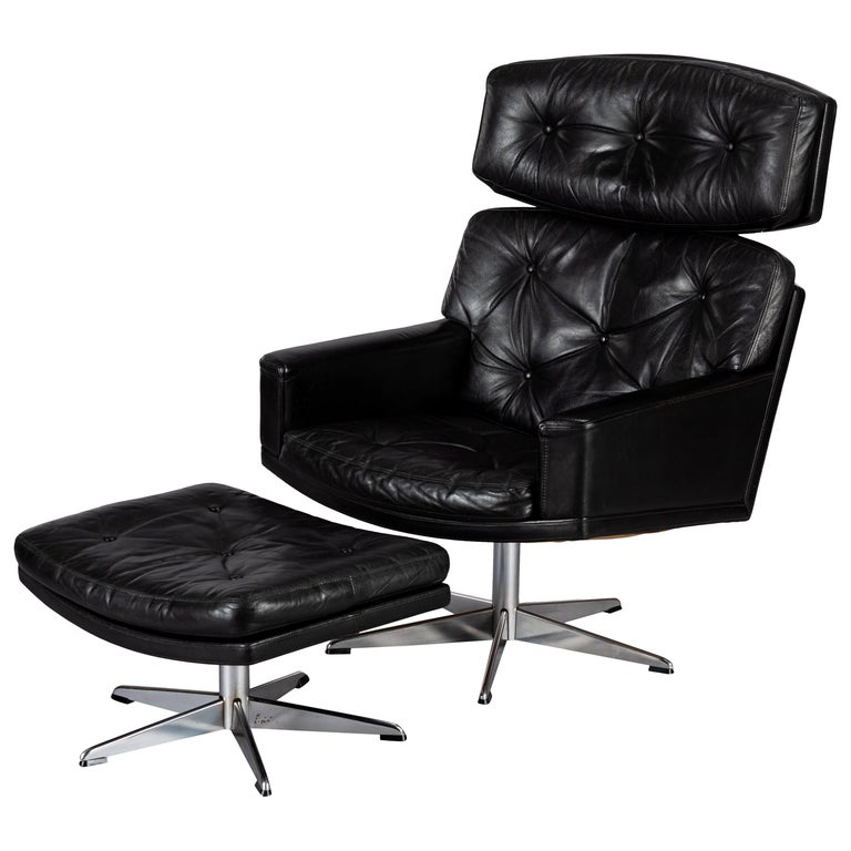 Black Leather Mid Century Modern Swivel Chair With Ottoman By Lystager 1960s At 1stdibs Gaven black wood base swivel chair. black leather mid century modern swivel chair with ottoman by lystager 1960s