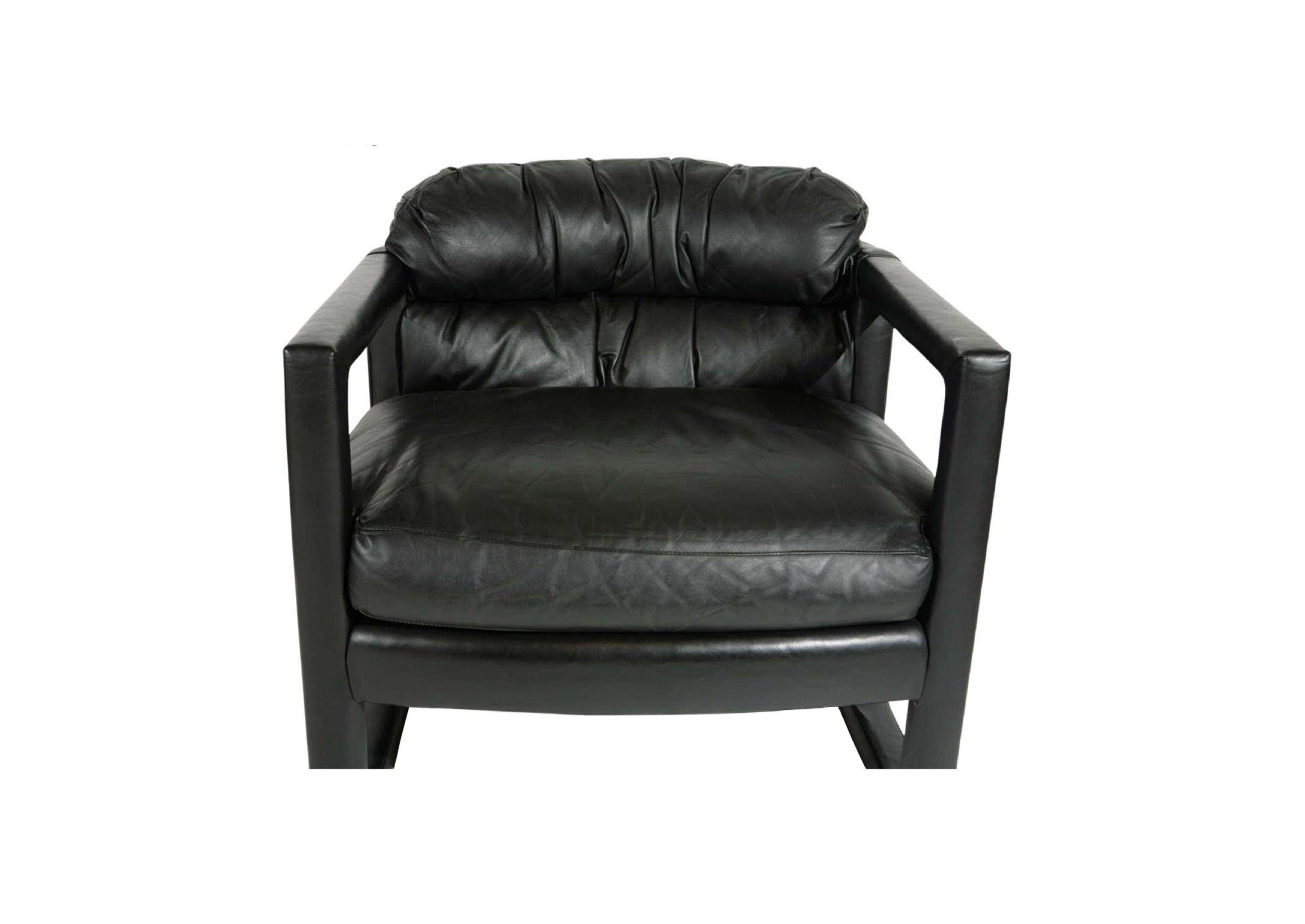 American Black Leather Parsons Style Drexel Lounge Chairs For Sale