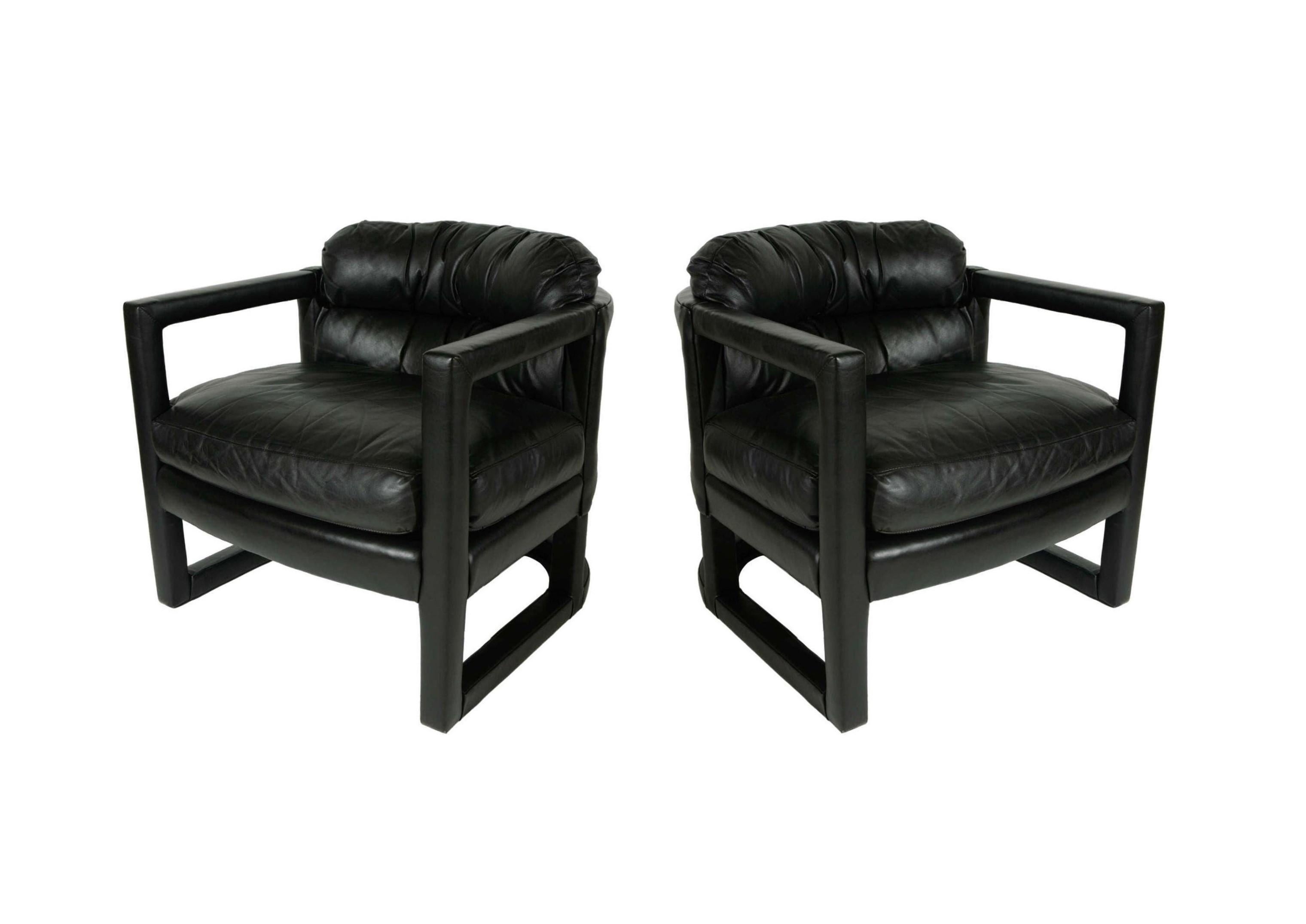 Black Leather Parsons Style Drexel Lounge Chairs In Excellent Condition For Sale In Dallas, TX