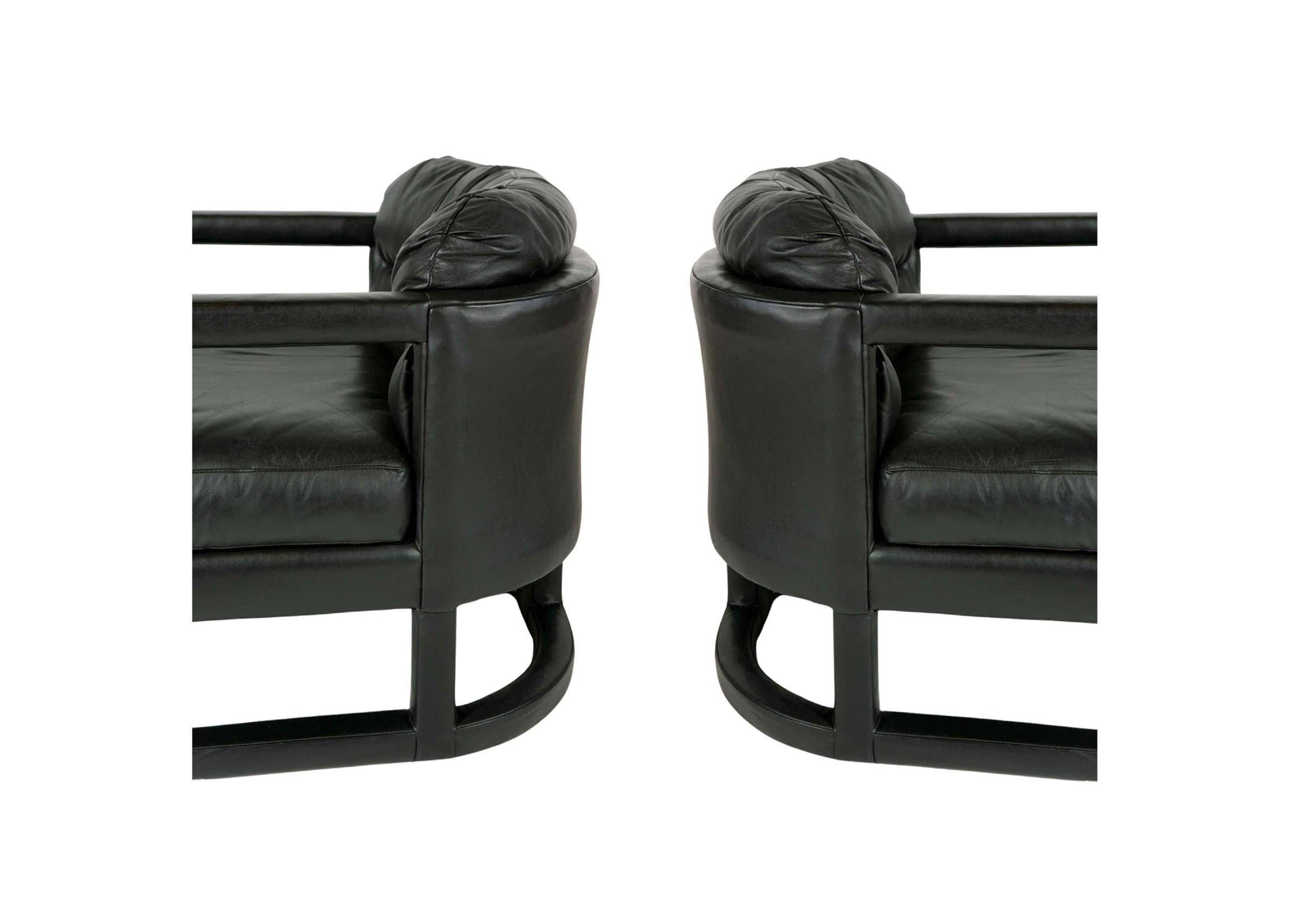 Wood Black Leather Parsons Style Drexel Lounge Chairs For Sale