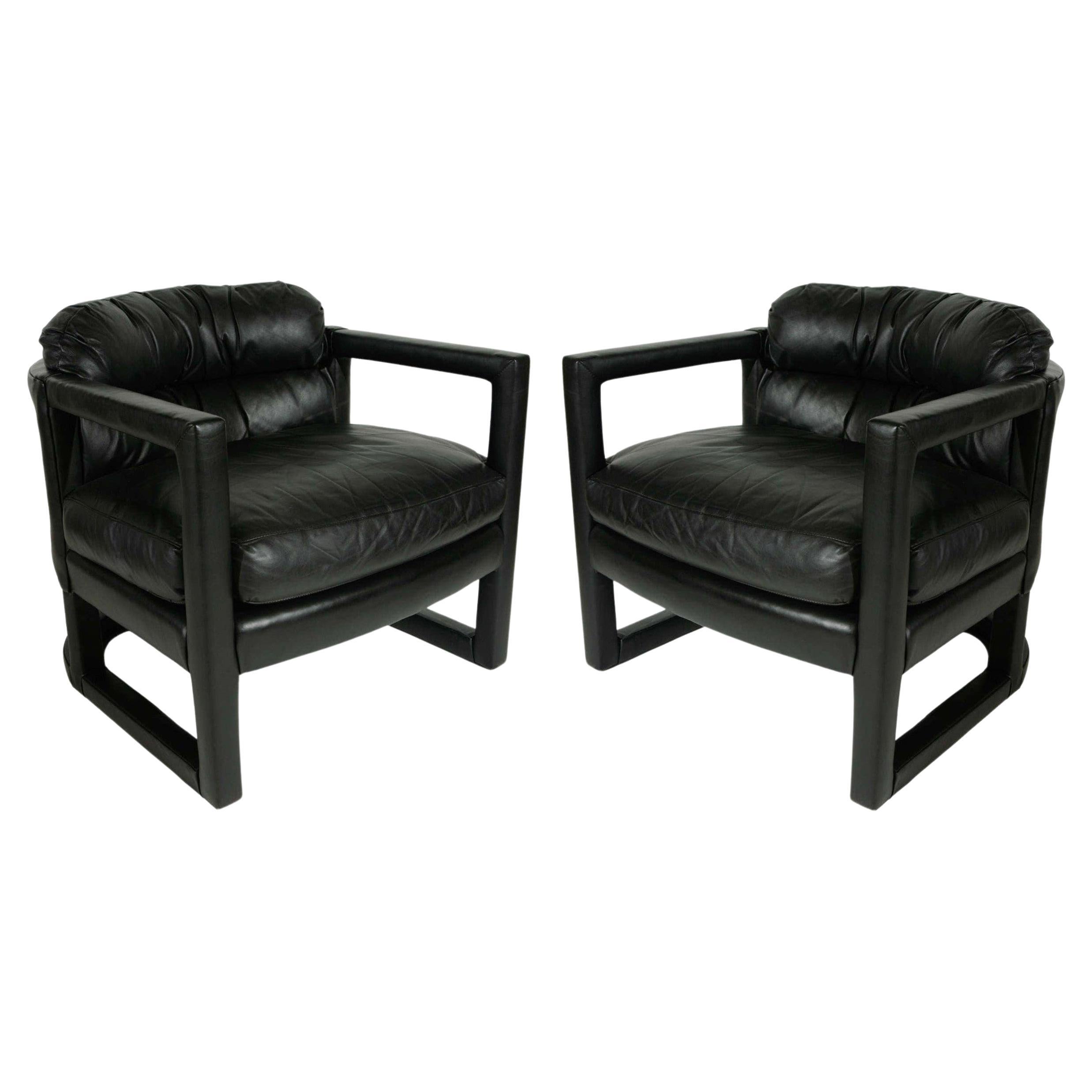 Black Leather Parsons Style Drexel Lounge Chairs