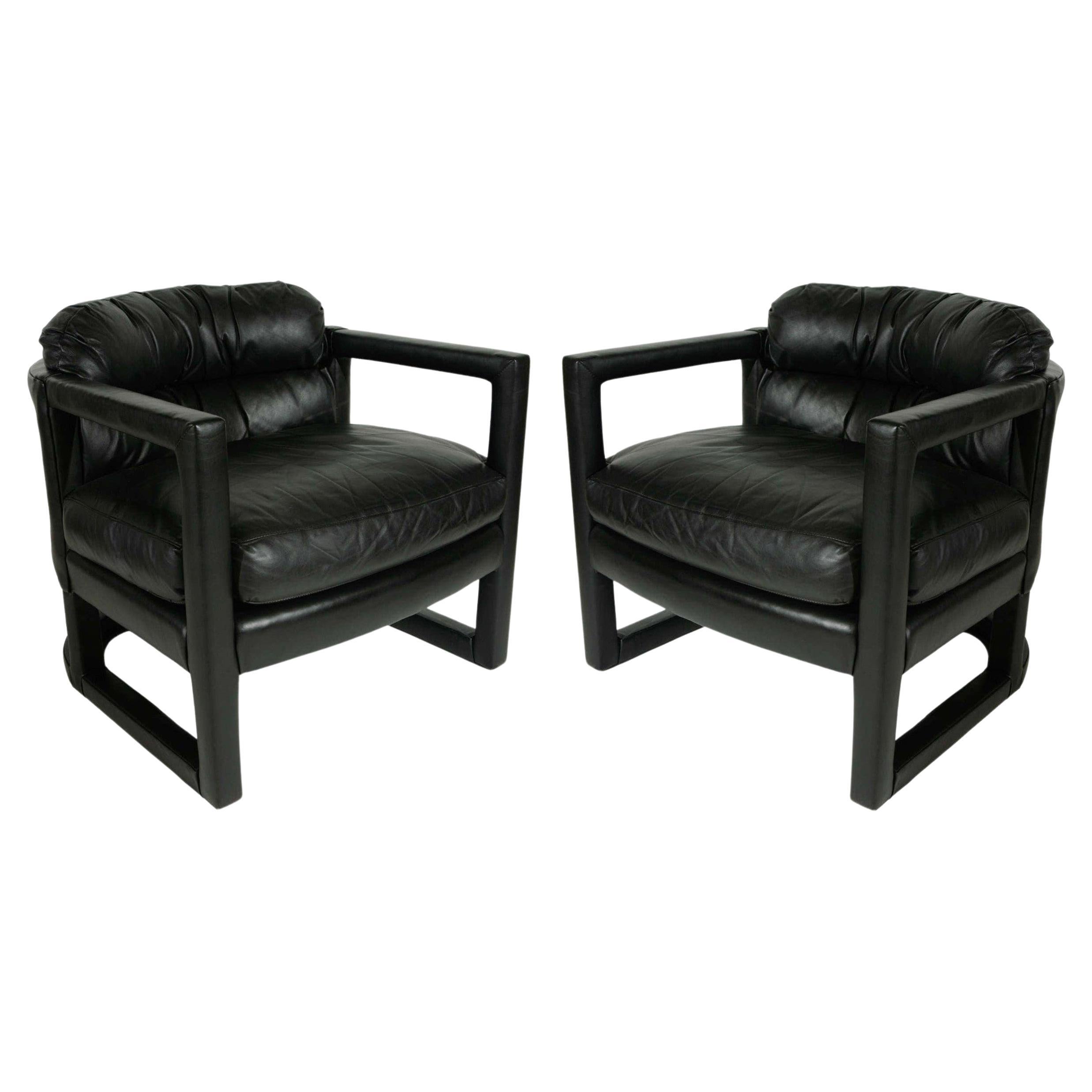 Fauteuils de salon Drexel en cuir noir de style Parsons