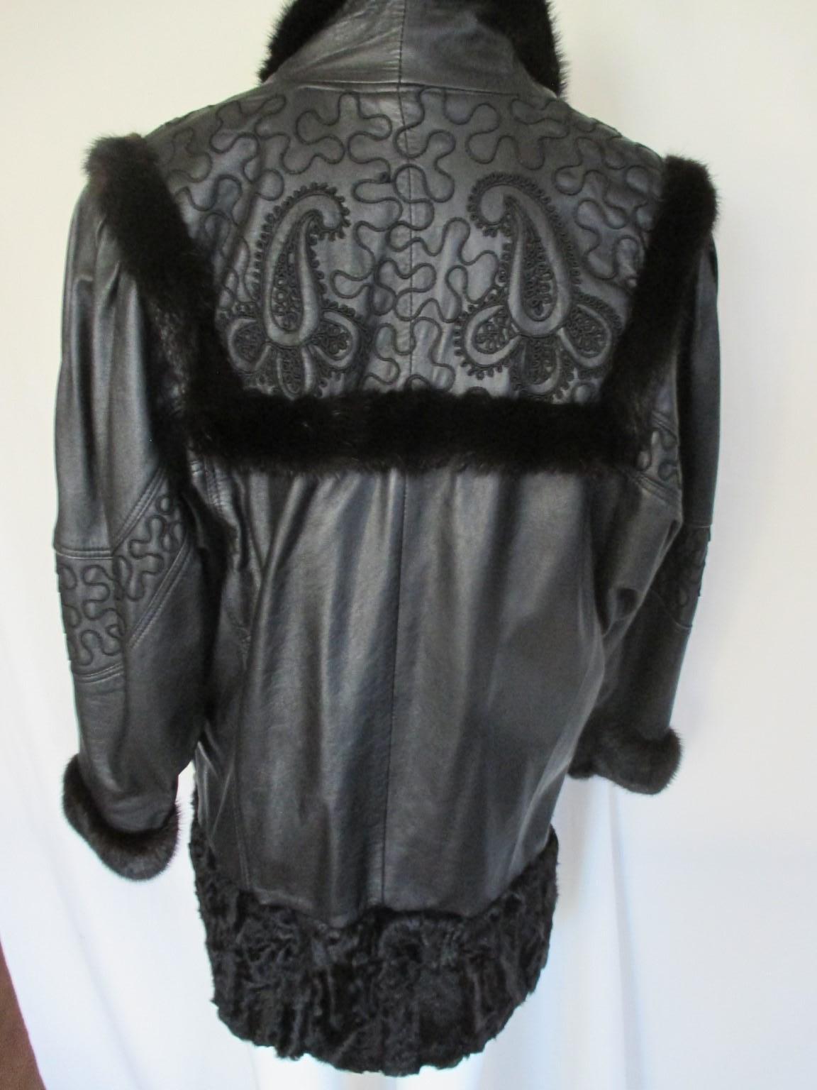 Manteau en cuir noir, agneau persan et fourrure d'Astrakhan Bon état - En vente à Amsterdam, NL