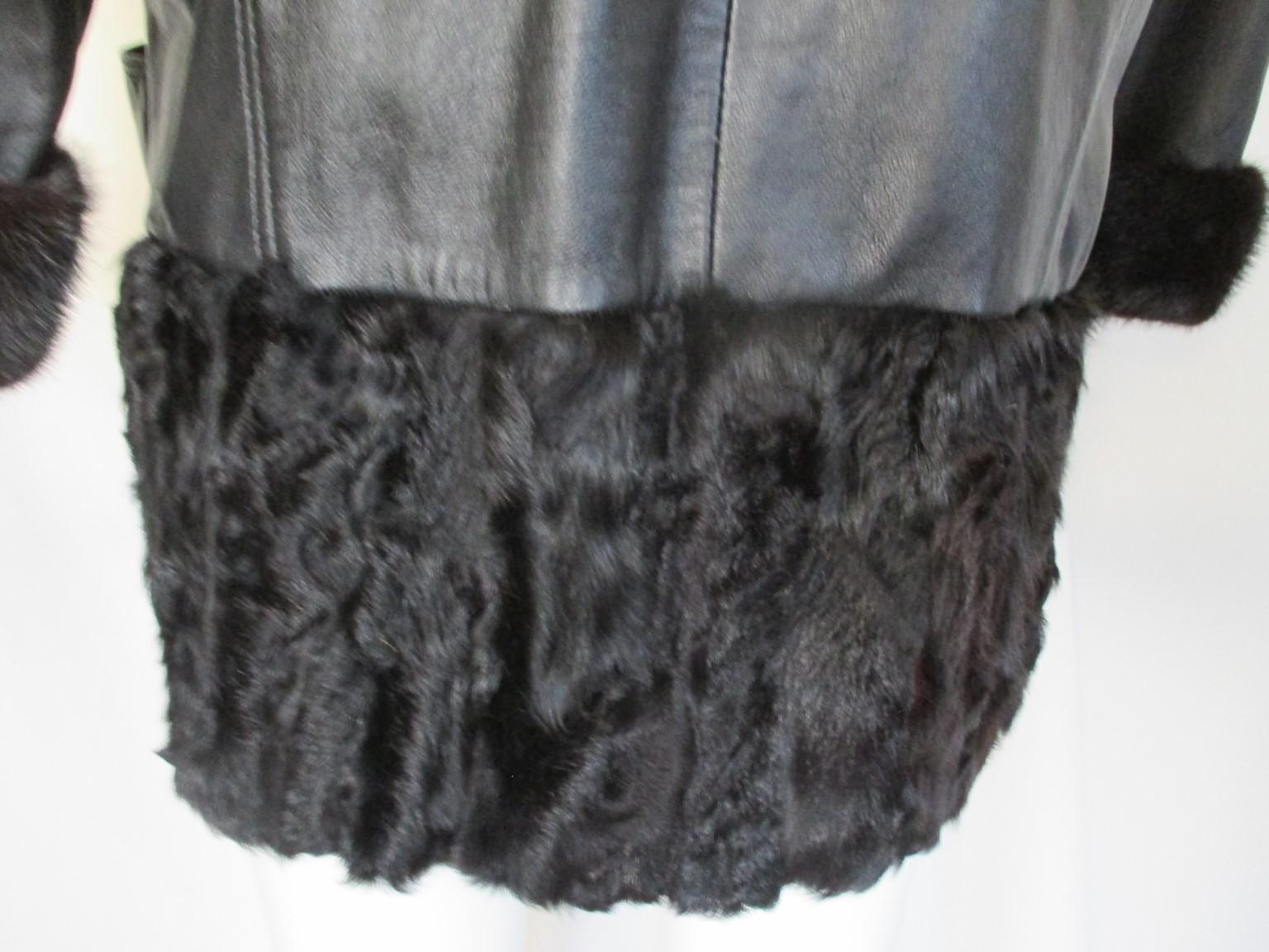 Women's or Men's Black Leather Mink Persian Lamb/Astrakhan Fur Coat For Sale