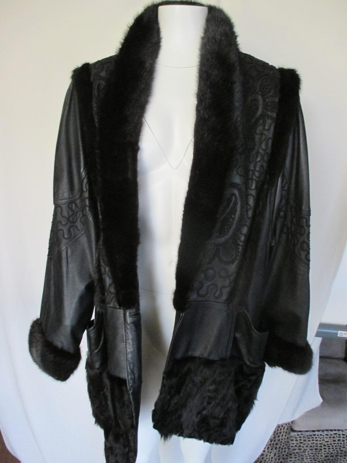 Black Leather Mink Persian Lamb/Astrakhan Fur Coat For Sale 2