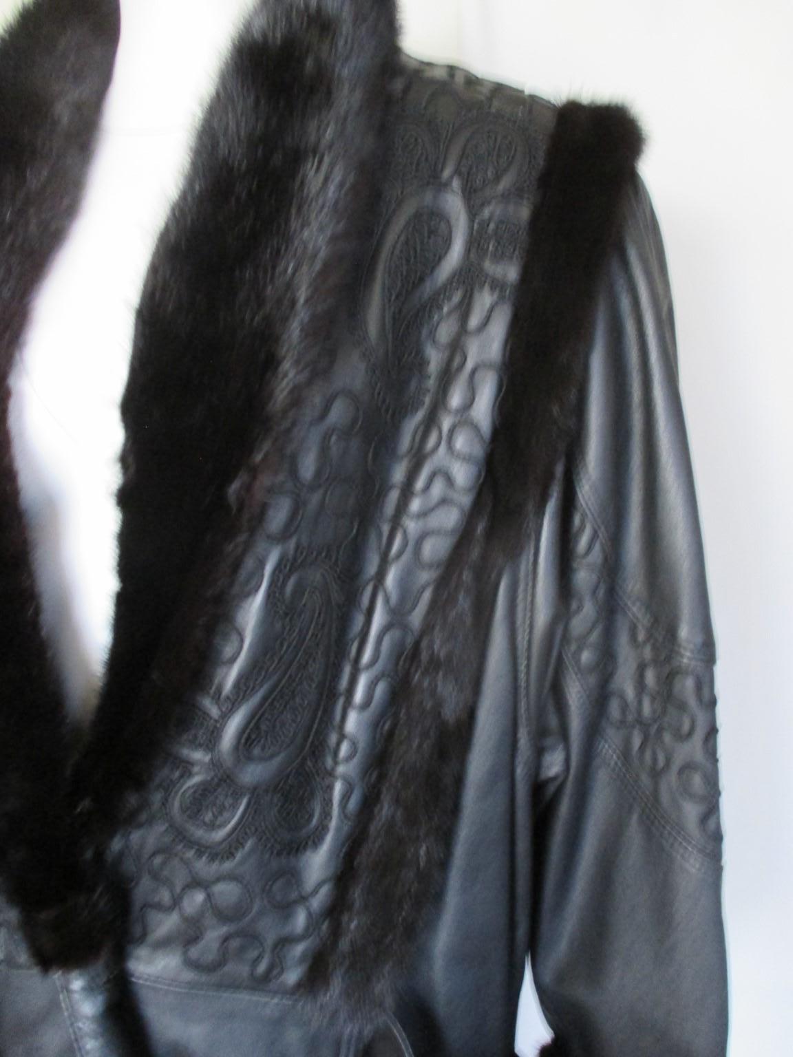 Black Leather Mink Persian Lamb/Astrakhan Fur Coat For Sale 4