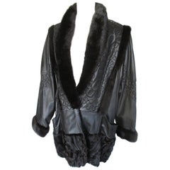 Black Leather Mink Persian Lamb/Astrakhan Fur Coat
