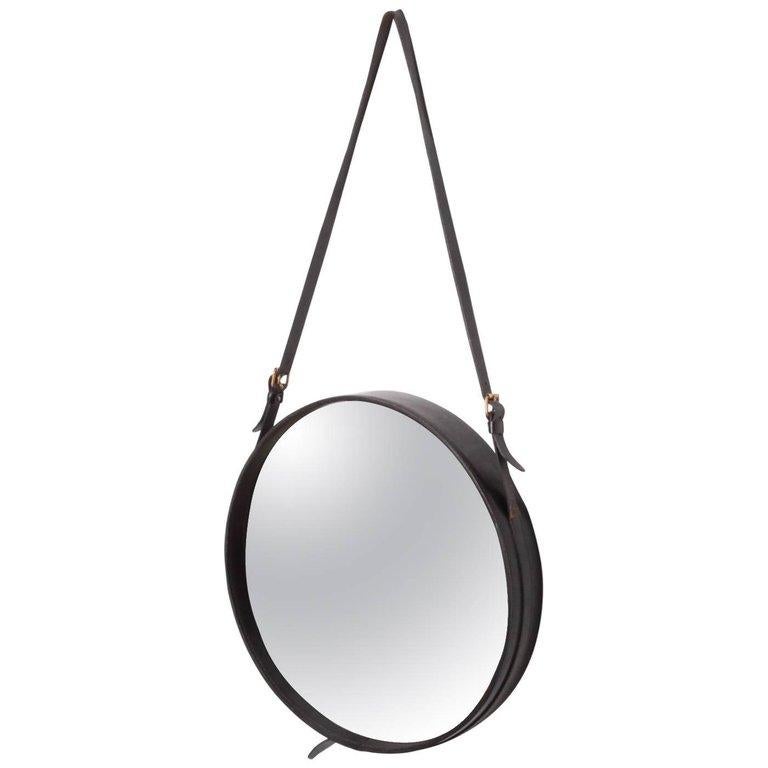 French Black Leather Mirror by Jacques Adnet, France, 1950