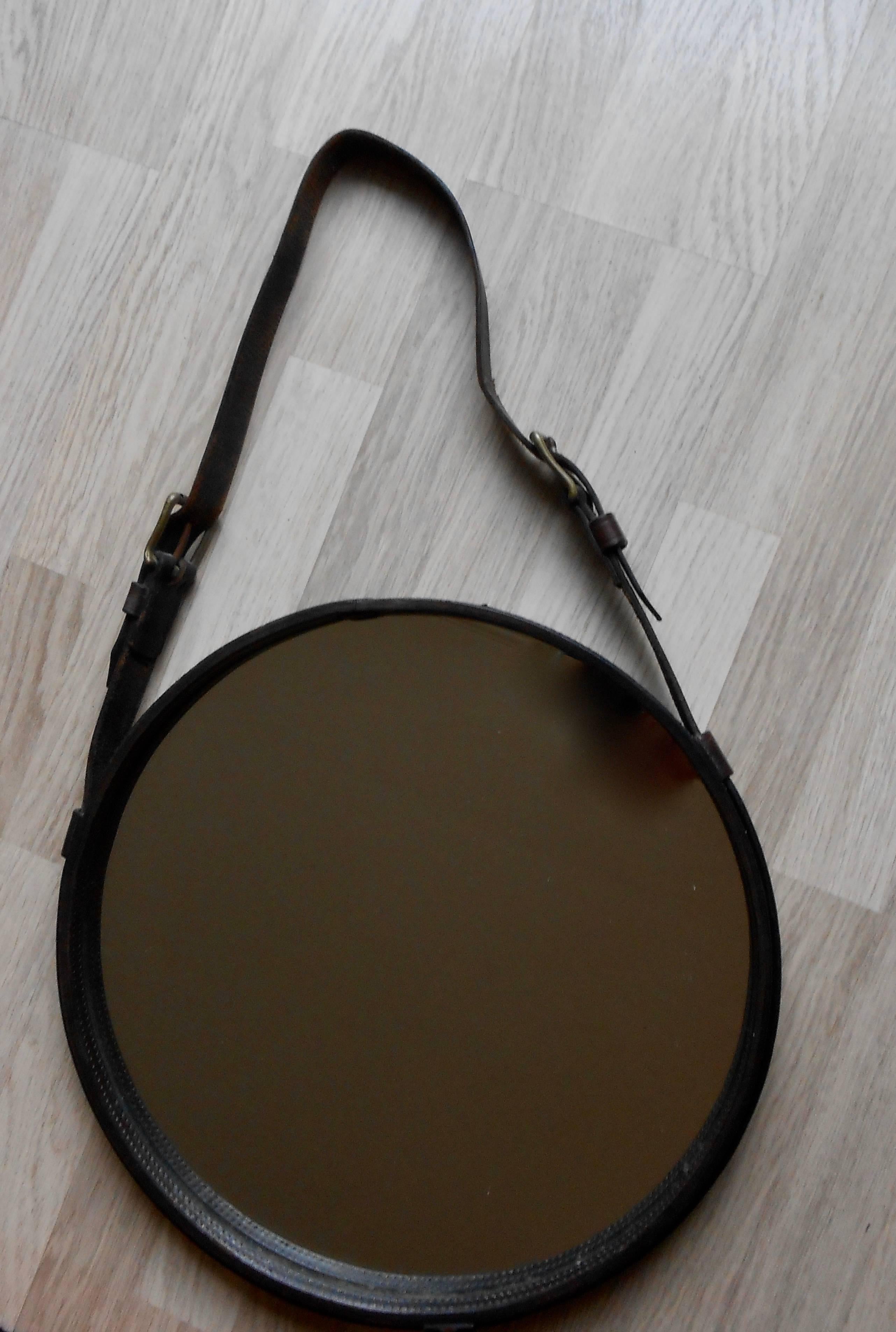 Mid-Century Modern Black Leather Mirror by Jacques Adnet, France, 1950 For Sale