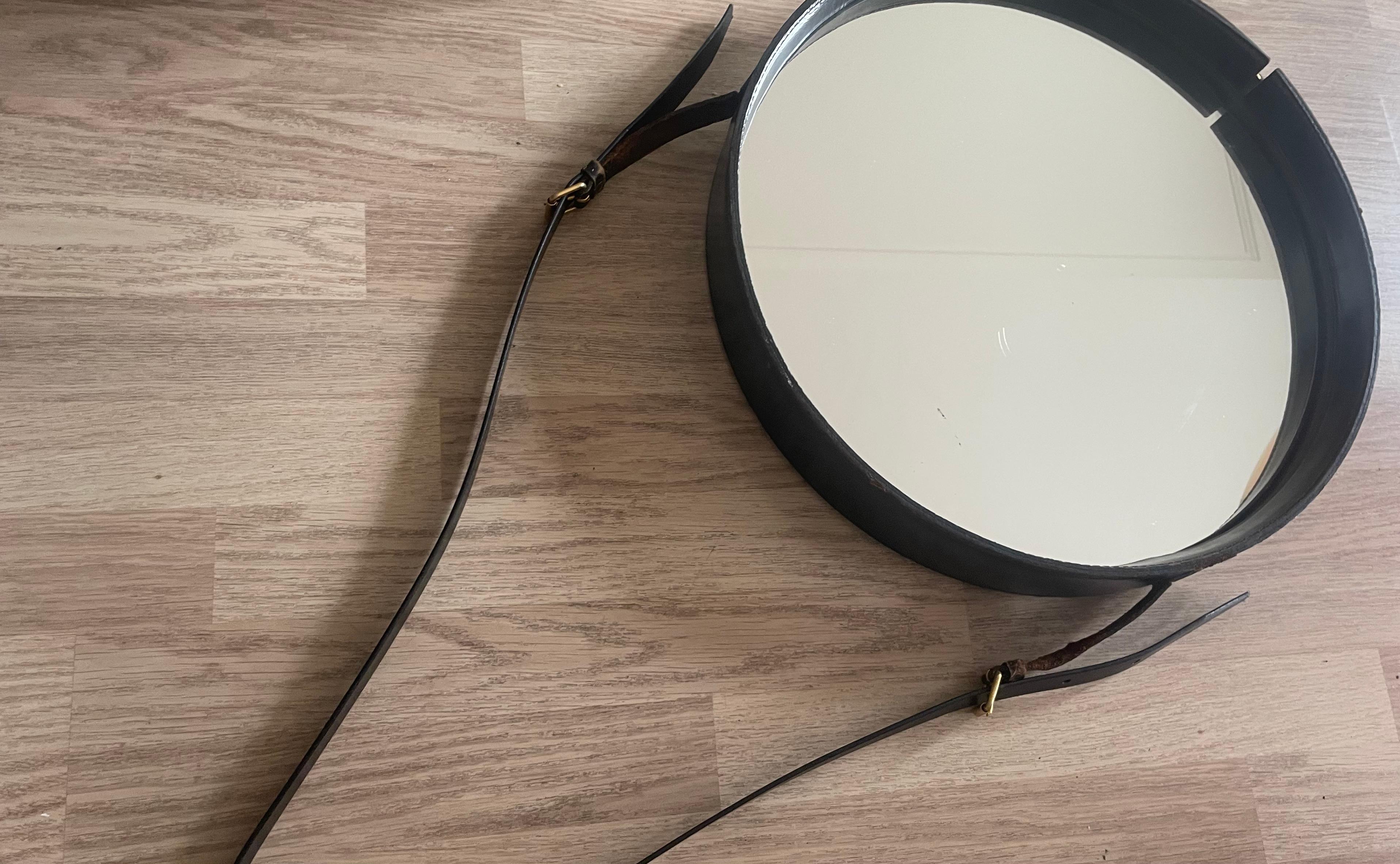 Black Leather Mirror Covered by Hermès  Designed by Jacques Adnet, France 1950. For Sale 4