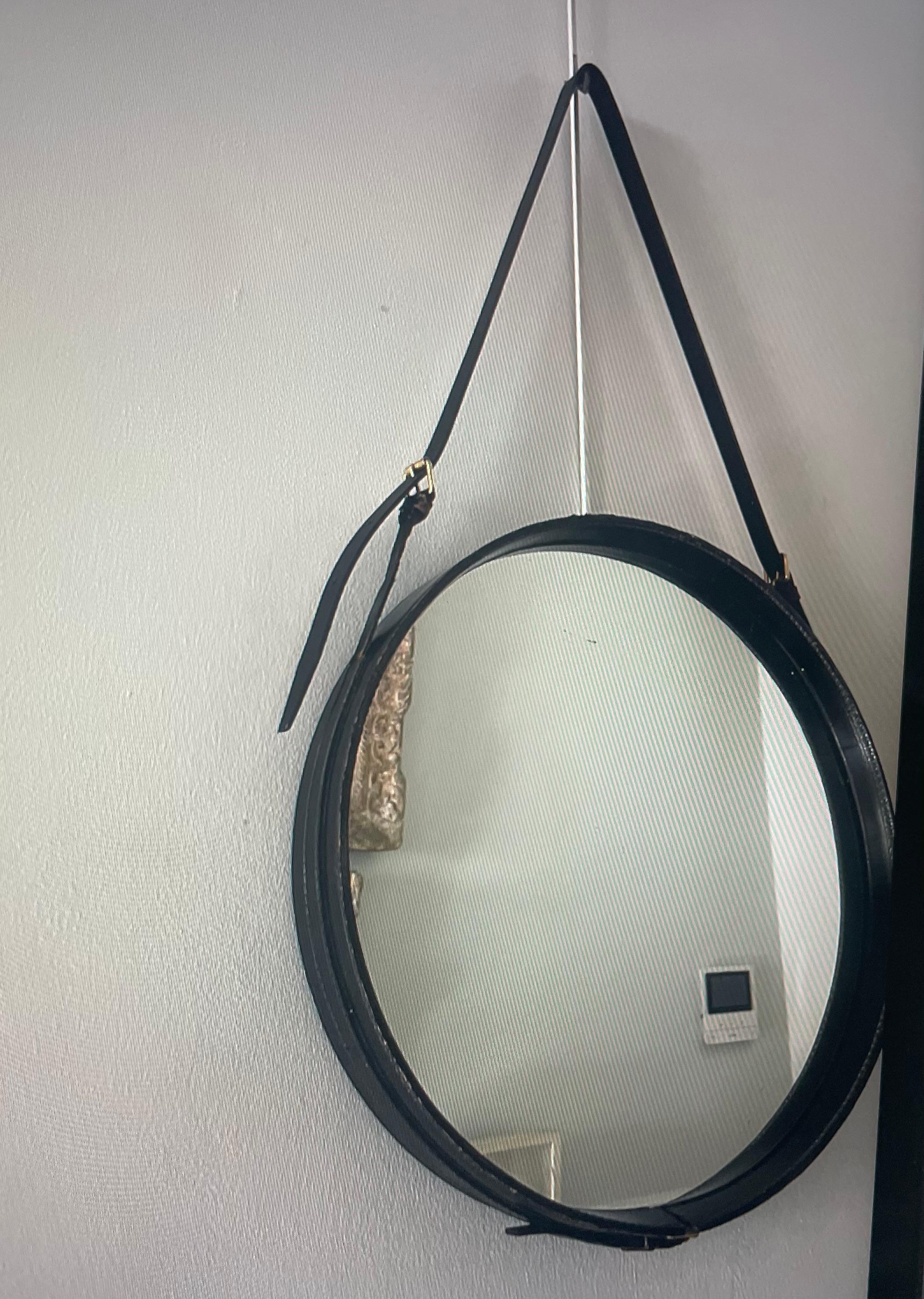 French Black Leather Mirror Covered by Hermès  Designed by Jacques Adnet, France 1950. For Sale