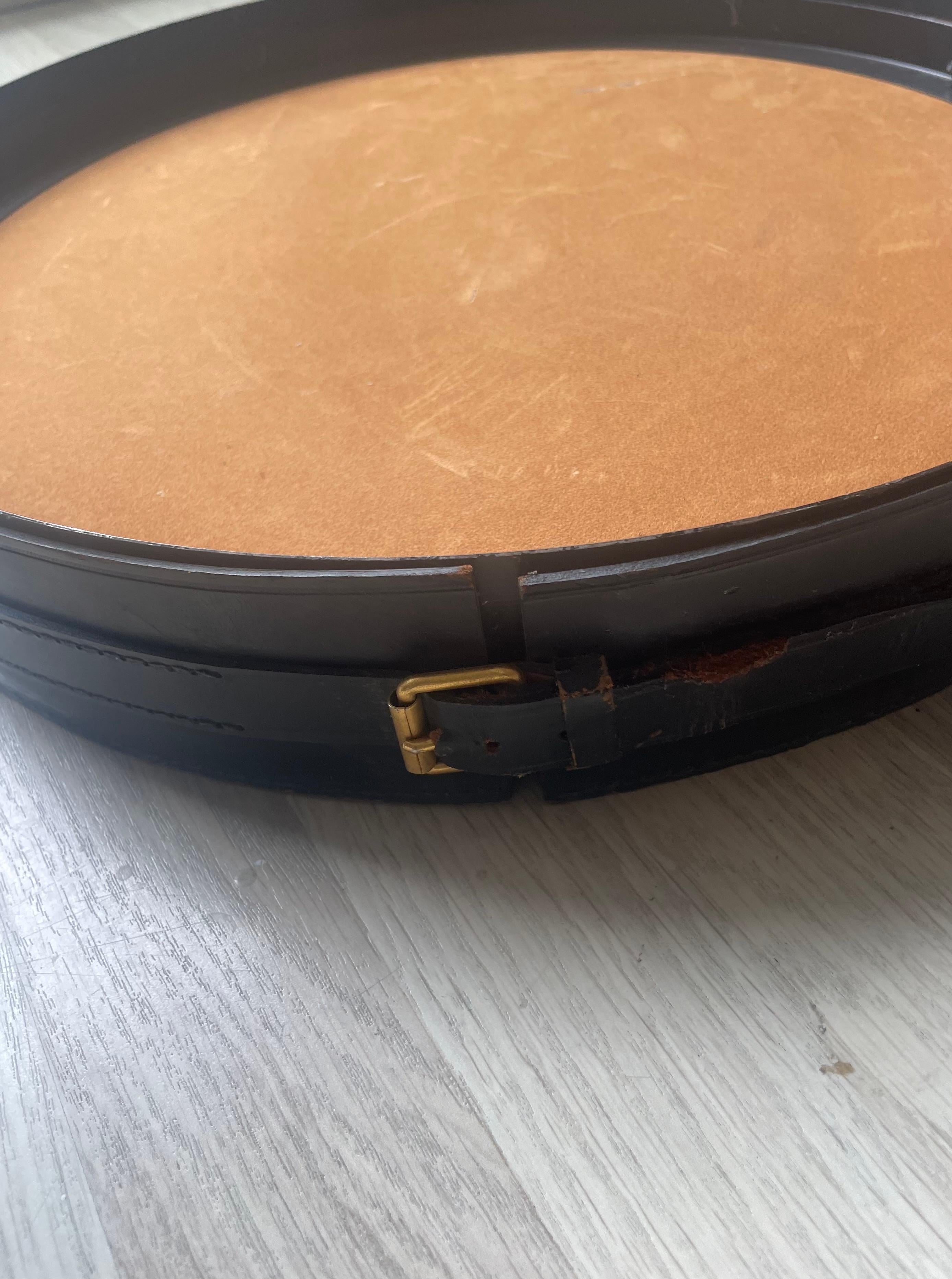 Black Leather Mirror Covered by Hermès  Designed by Jacques Adnet, France 1950. In Good Condition For Sale In Brussels, BE